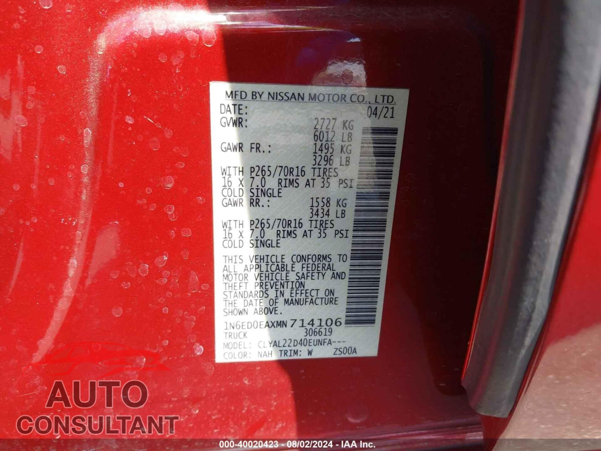 NISSAN FRONTIER 2021 - 1N6ED0EAXMN714106