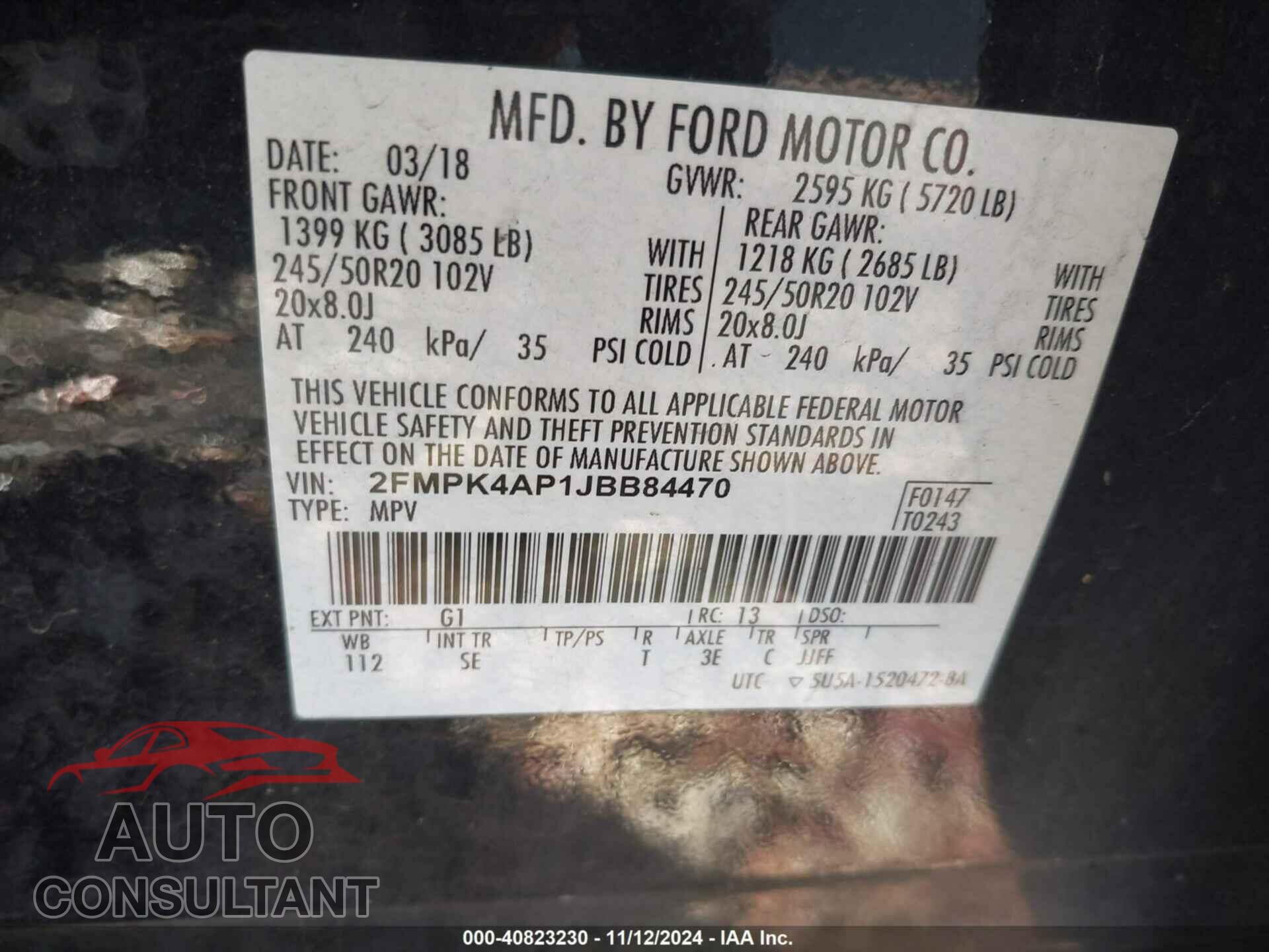 FORD EDGE 2018 - 2FMPK4AP1JBB84470