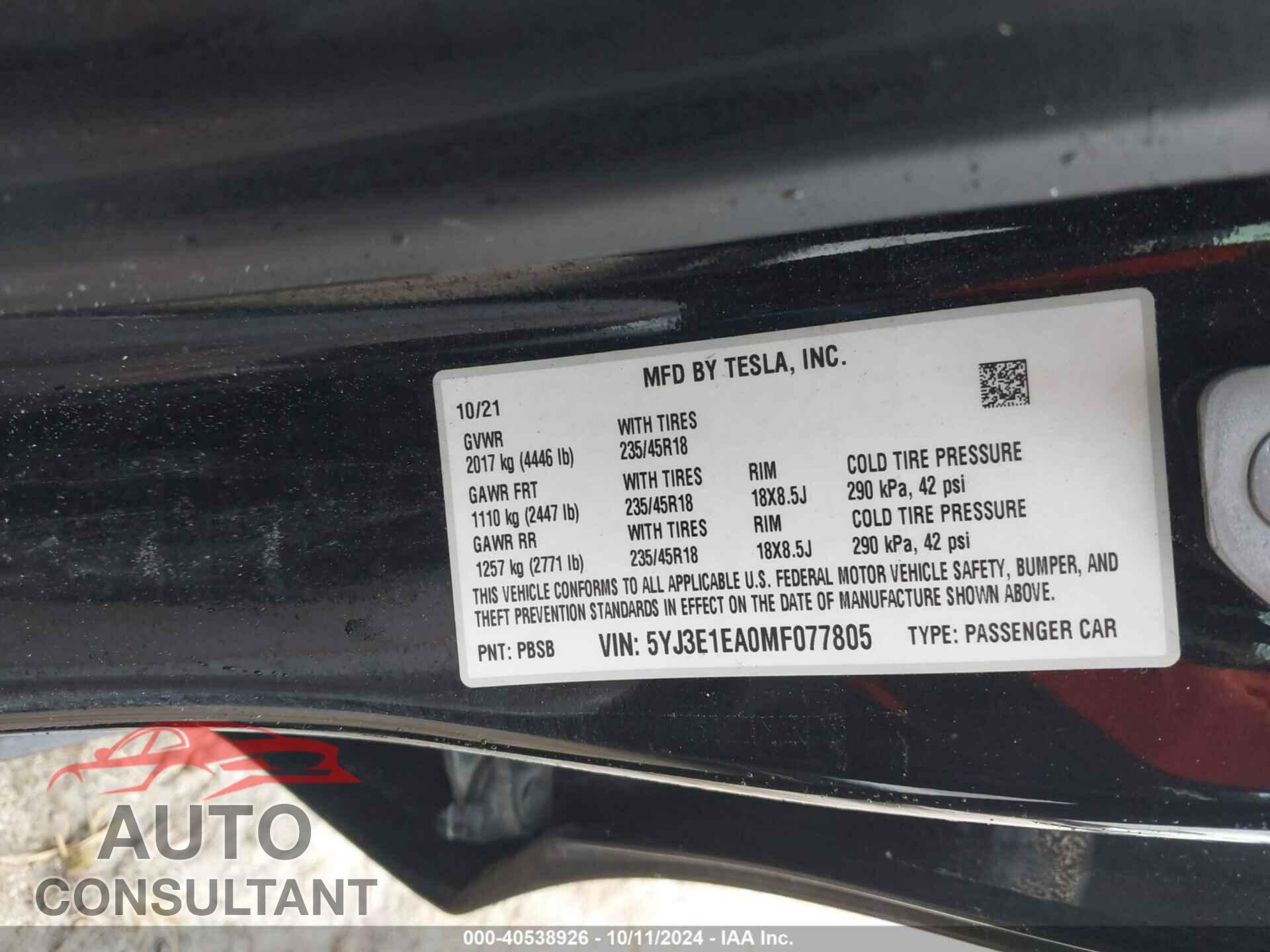 TESLA MODEL 3 2021 - 5YJ3E1EA0MF077805