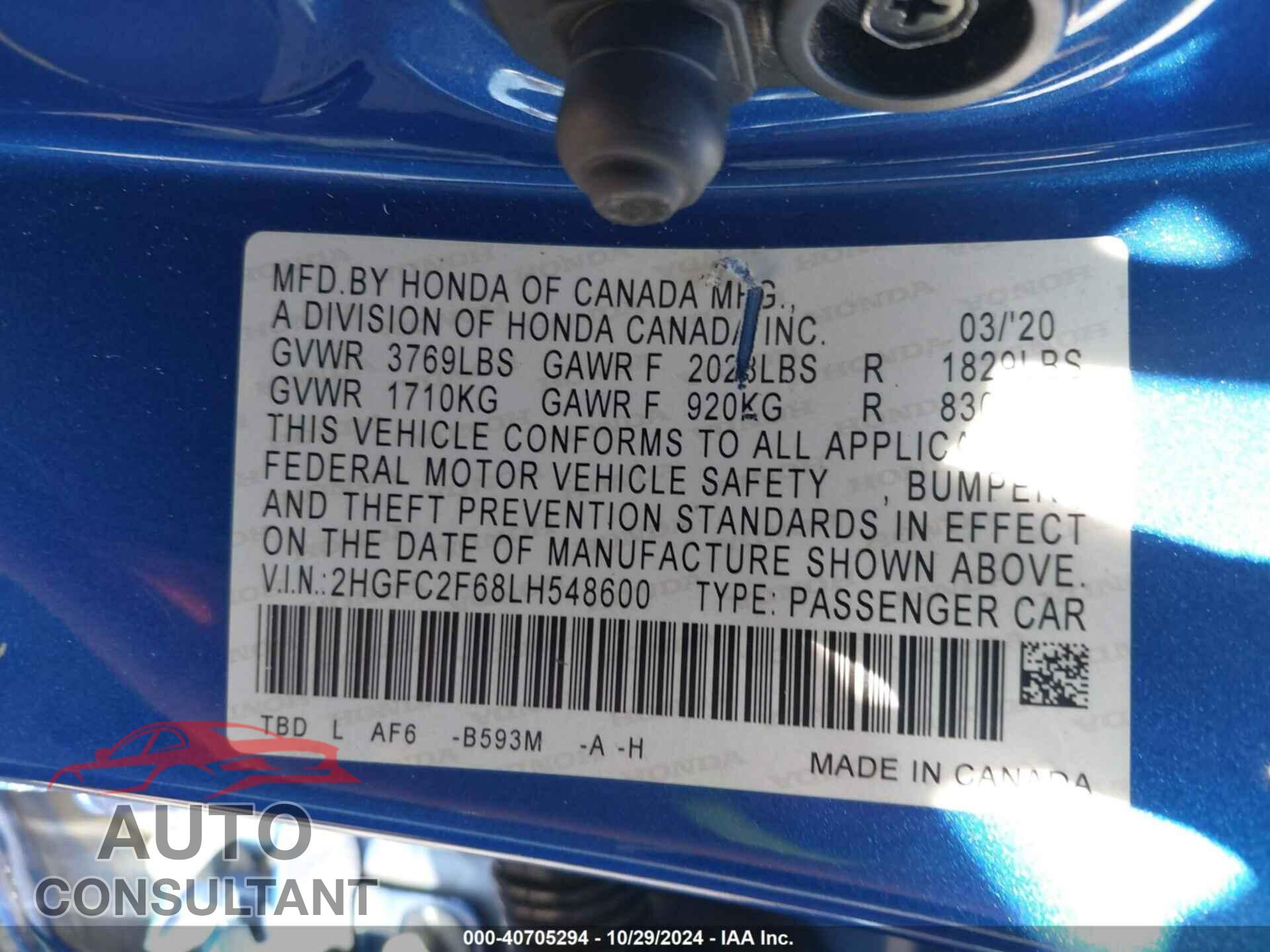 HONDA CIVIC 2020 - 2HGFC2F68LH548600