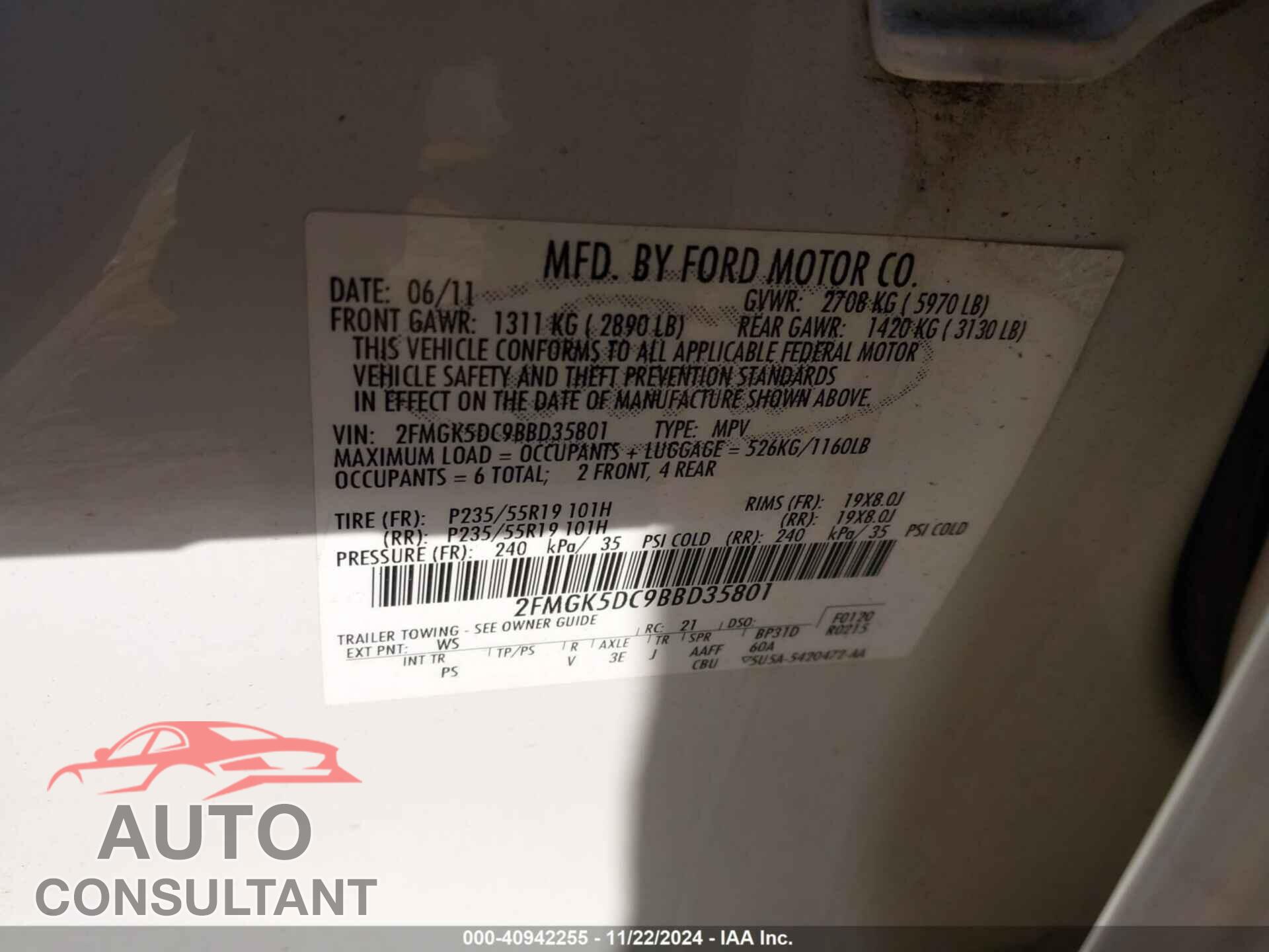 FORD FLEX 2011 - 2FMGK5DC9BBD35801
