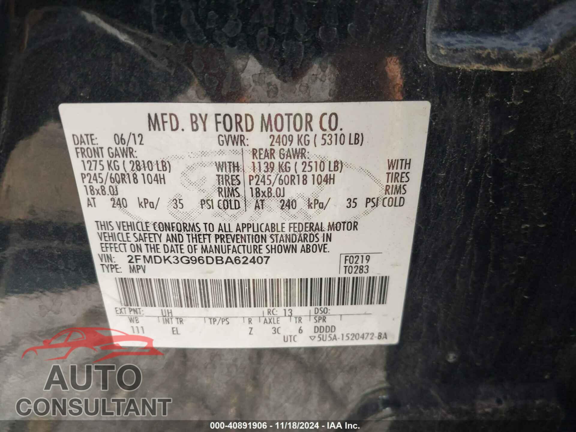 FORD EDGE 2013 - 2FMDK3G96DBA62407