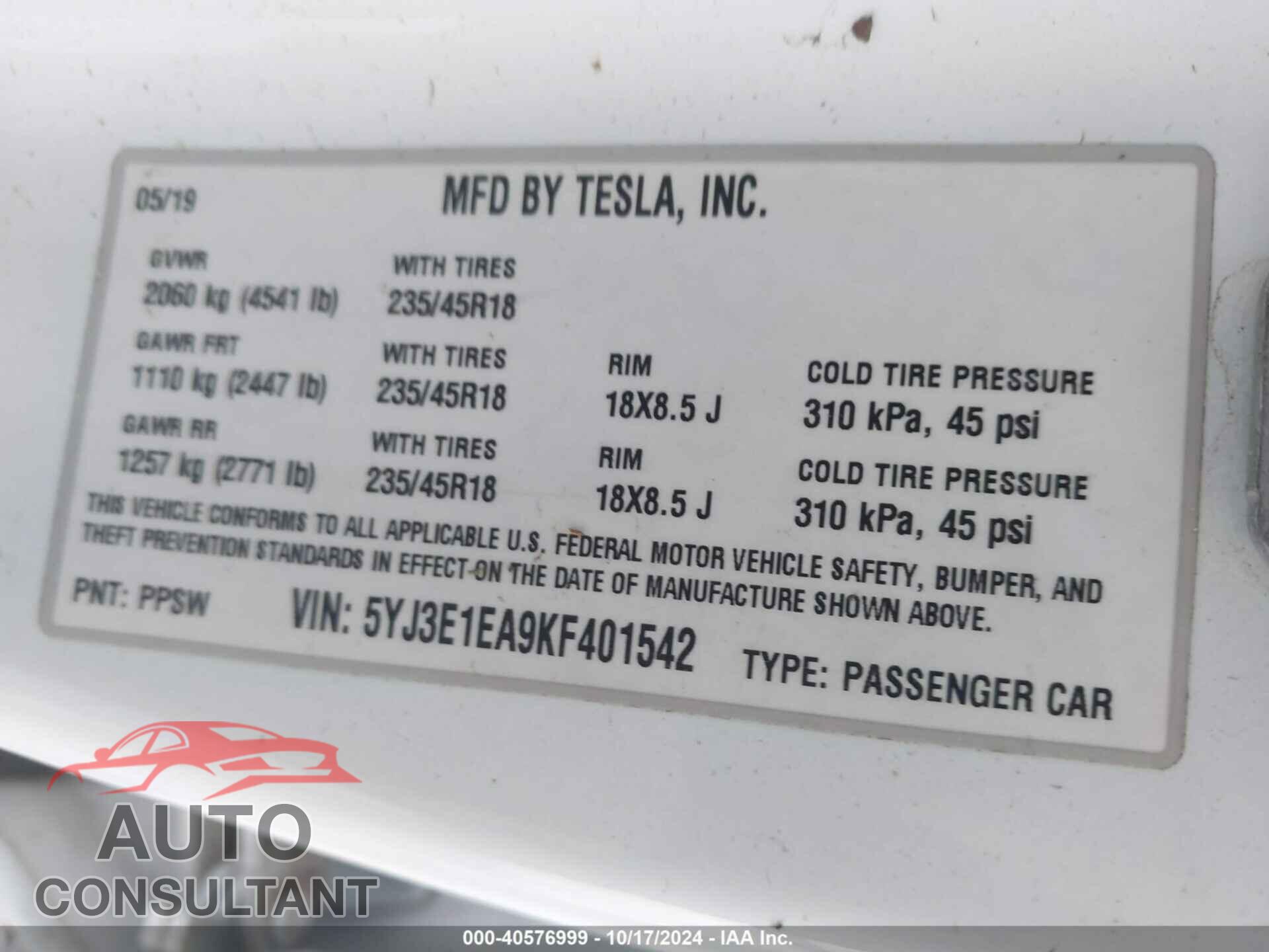 TESLA MODEL 3 2019 - 5YJ3E1EA9KF401542