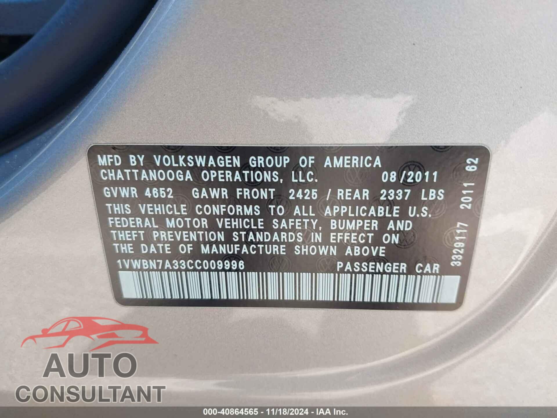 VOLKSWAGEN PASSAT 2012 - 1VWBN7A33CC009996