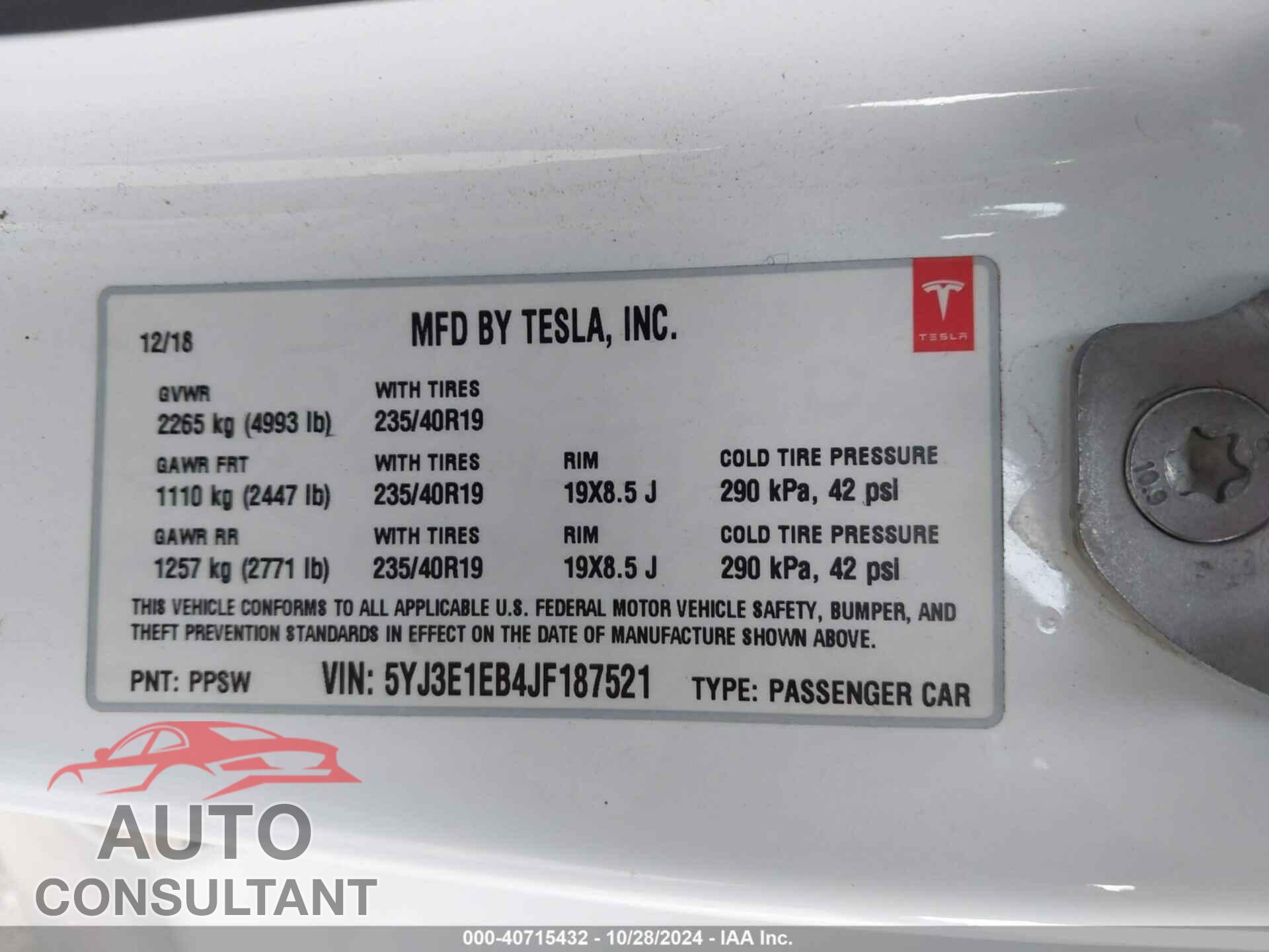 TESLA MODEL 3 2018 - 5YJ3E1EB4JF187521