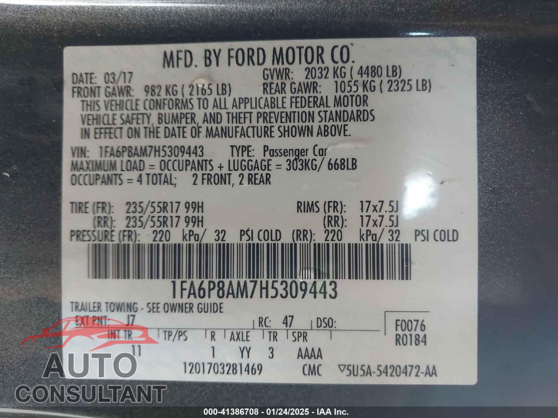 FORD MUSTANG 2017 - 1FA6P8AM7H5309443