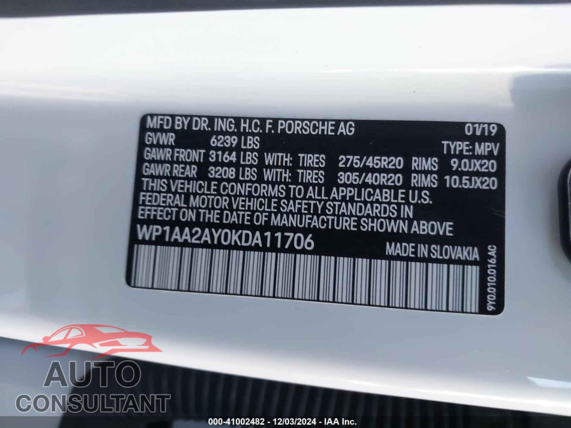 PORSCHE CAYENNE 2019 - WP1AA2AY0KDA11706