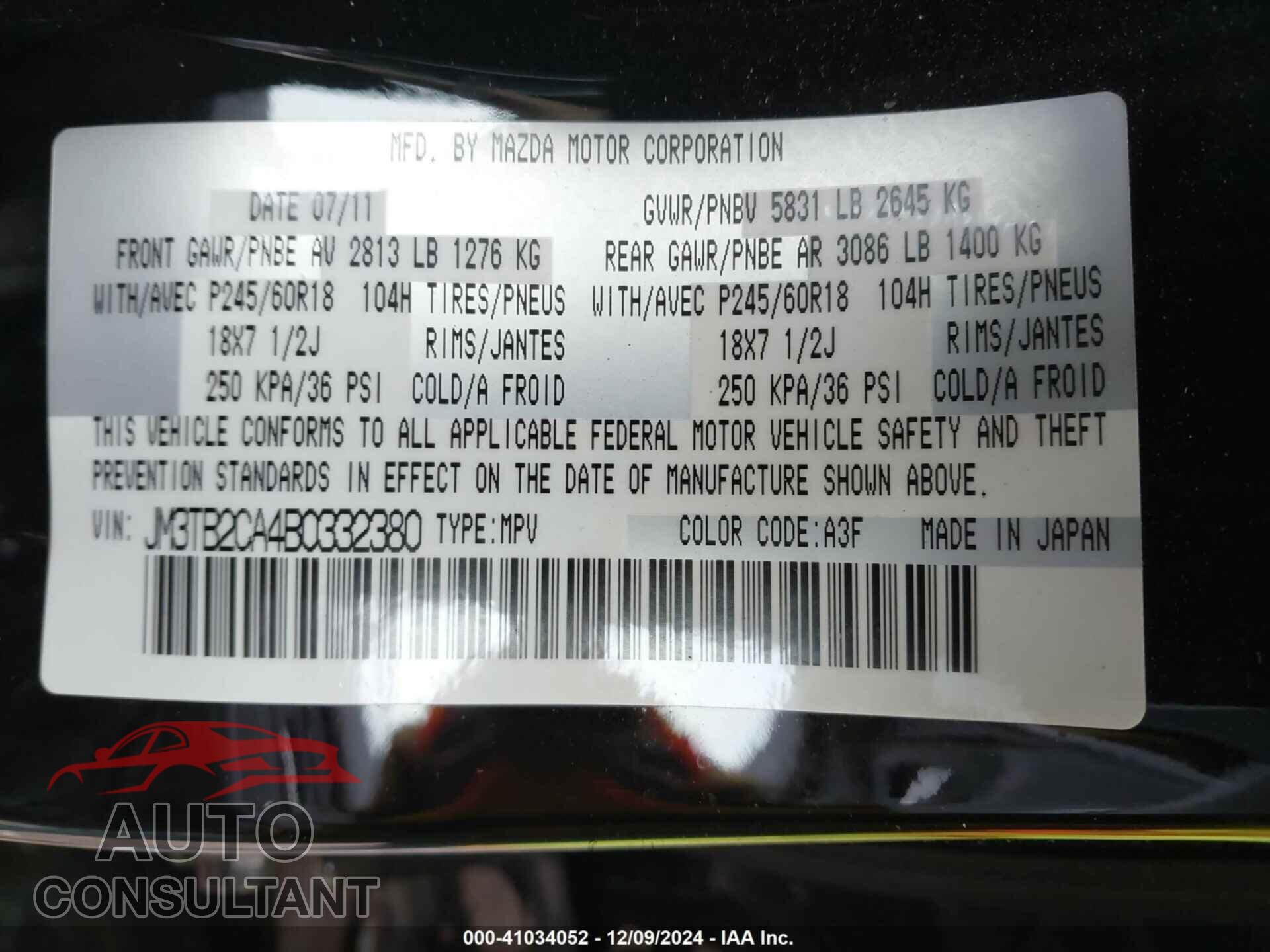 MAZDA CX-9 2011 - JM3TB2CA4B0332380