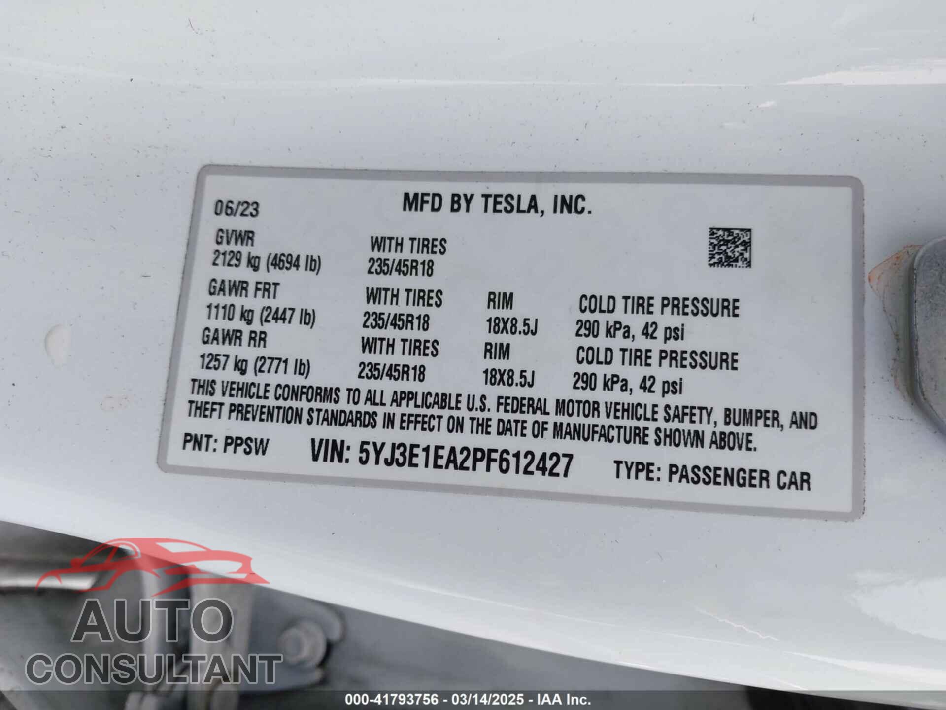 TESLA MODEL 3 2023 - 5YJ3E1EA2PF612427