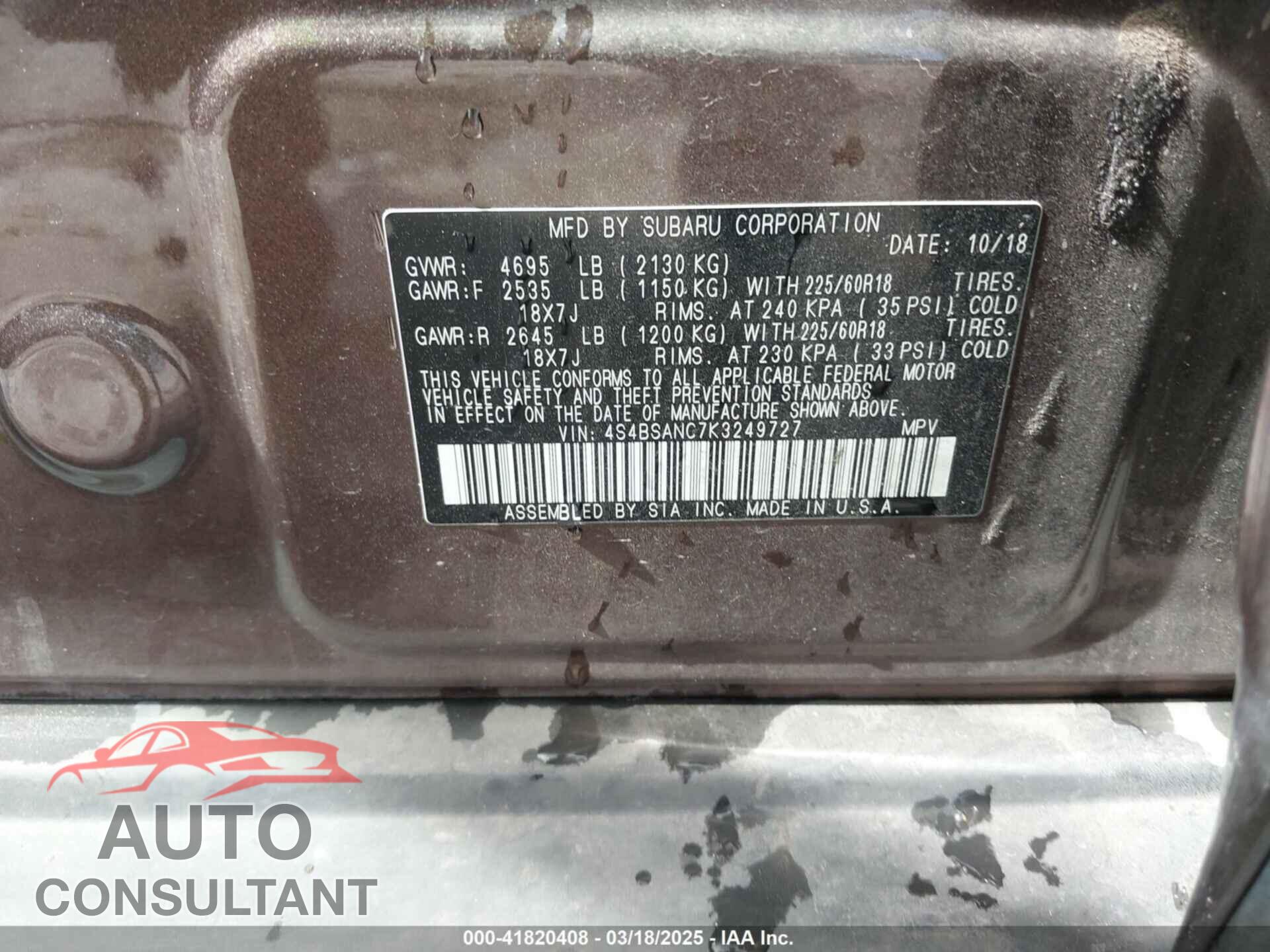 SUBARU OUTBACK 2019 - 4S4BSANC7K3249727