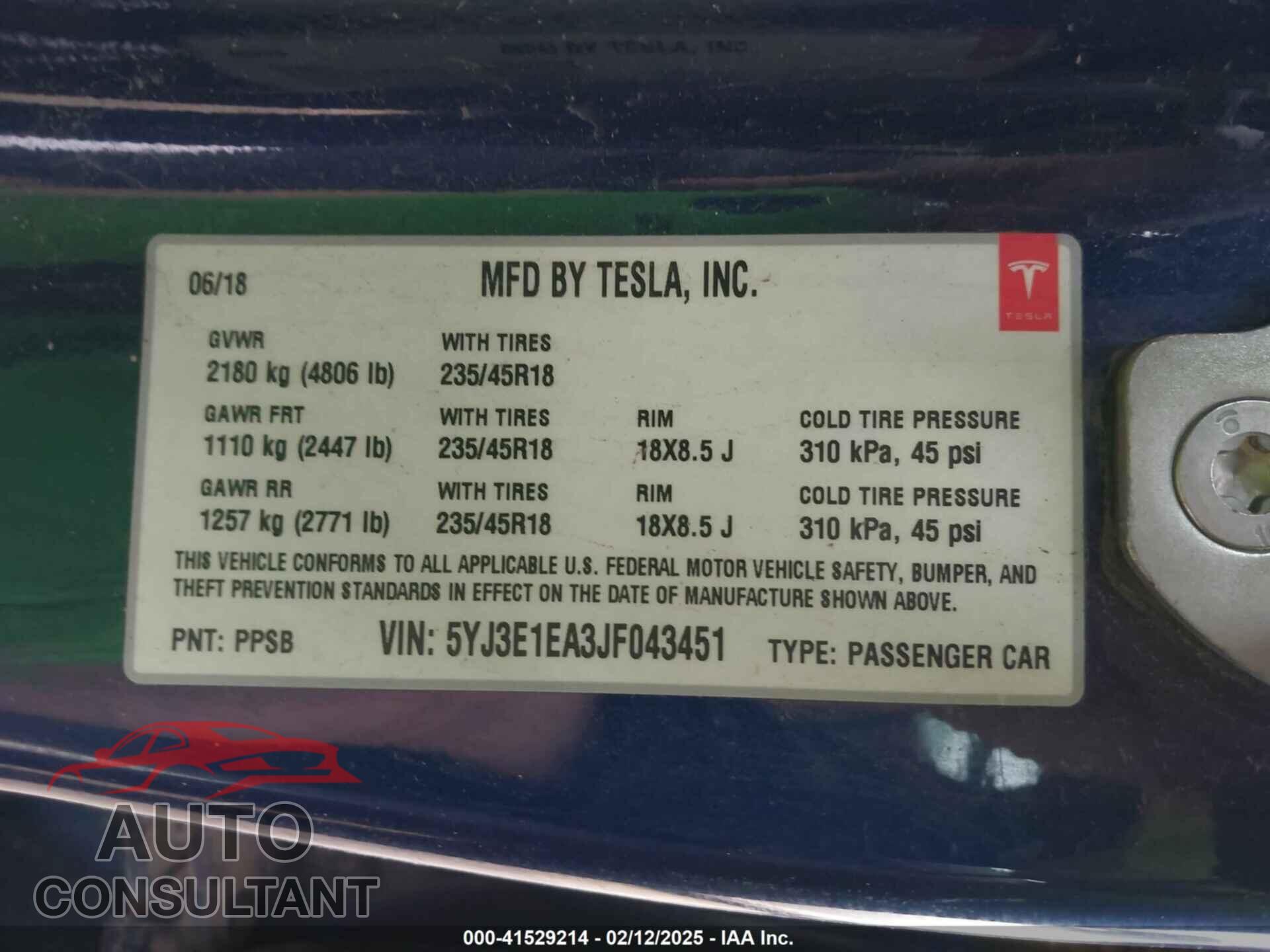 TESLA MODEL 3 2018 - 5YJ3E1EA3JF043451