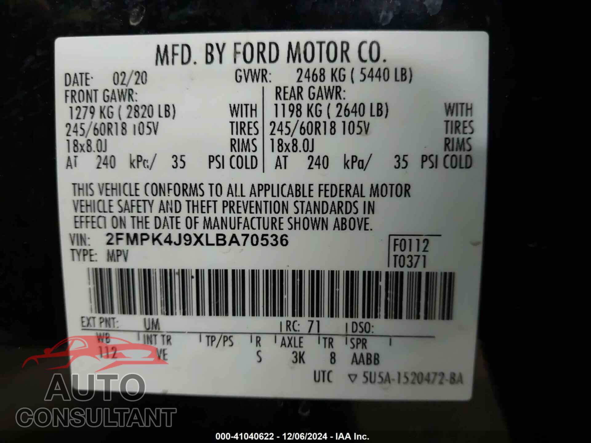 FORD EDGE 2020 - 2FMPK4J9XLBA70536