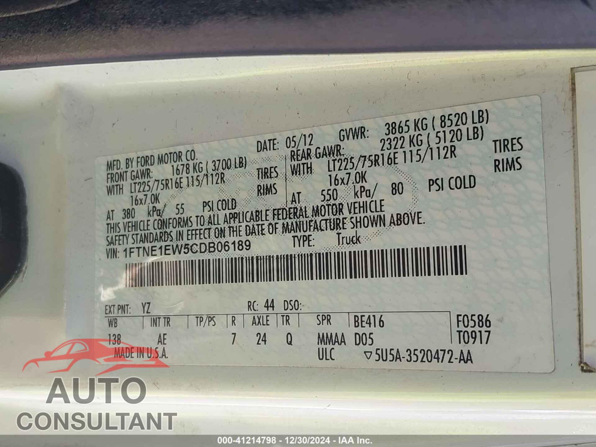 FORD E-150 2012 - 1FTNE1EW5CDB06189