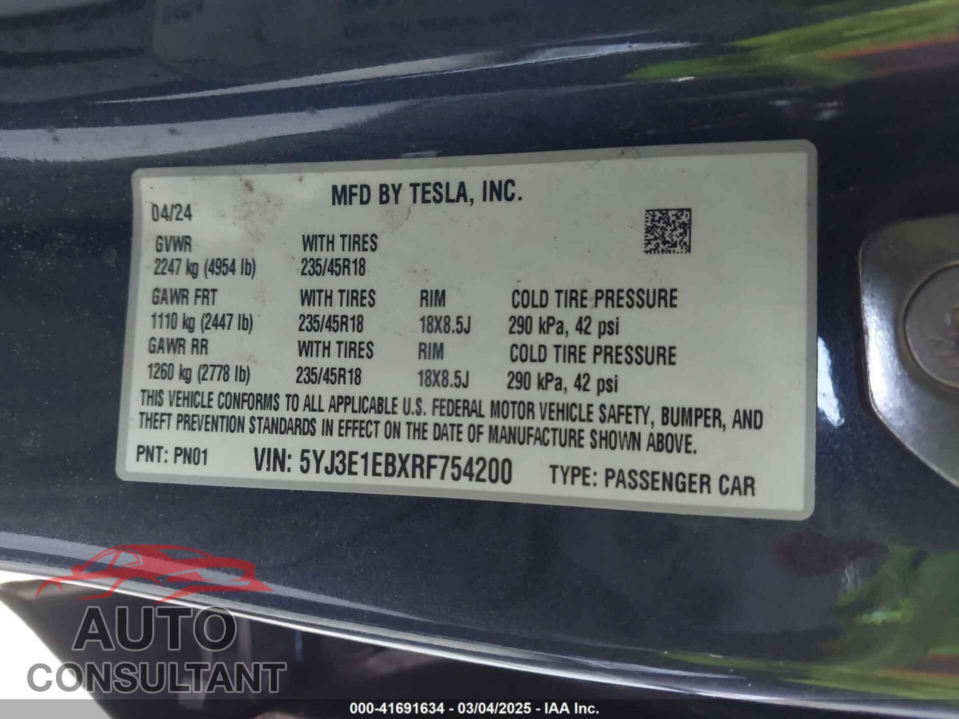 TESLA MODEL 3 2024 - 5YJ3E1EBXRF754200