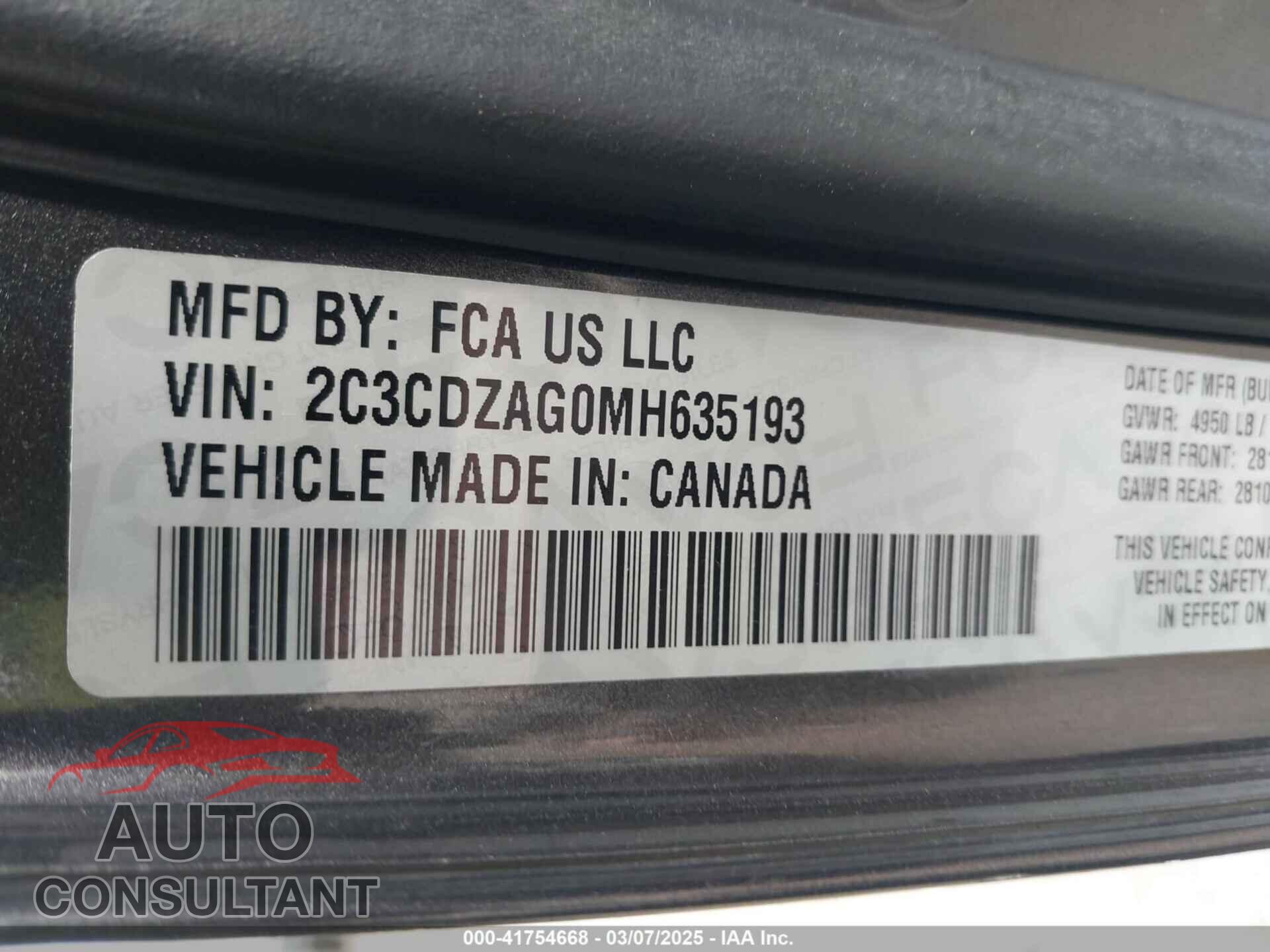 DODGE CHALLENGER 2021 - 2C3CDZAG0MH635193