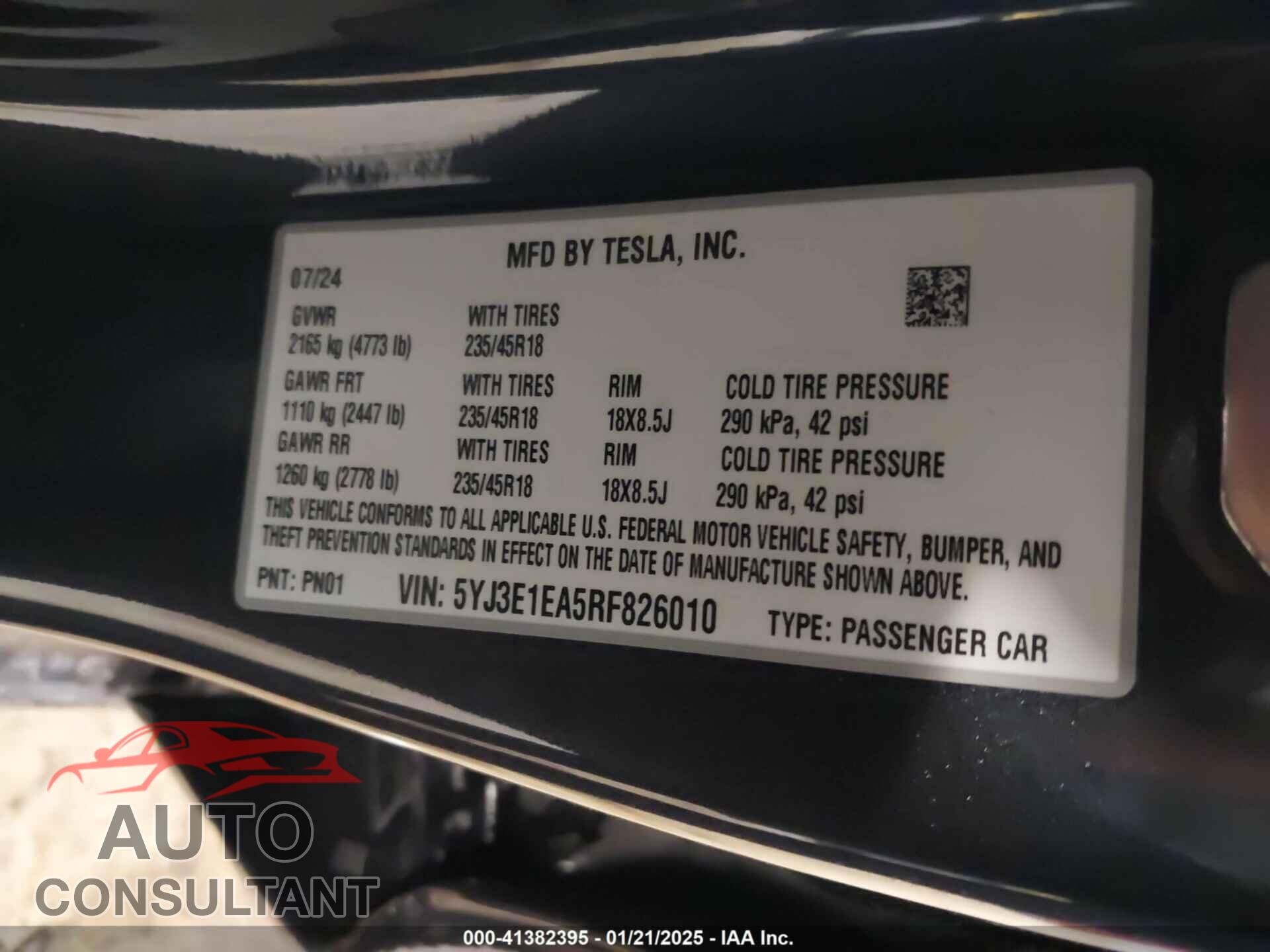 TESLA MODEL 3 2024 - 5YJ3E1EA5RF826010