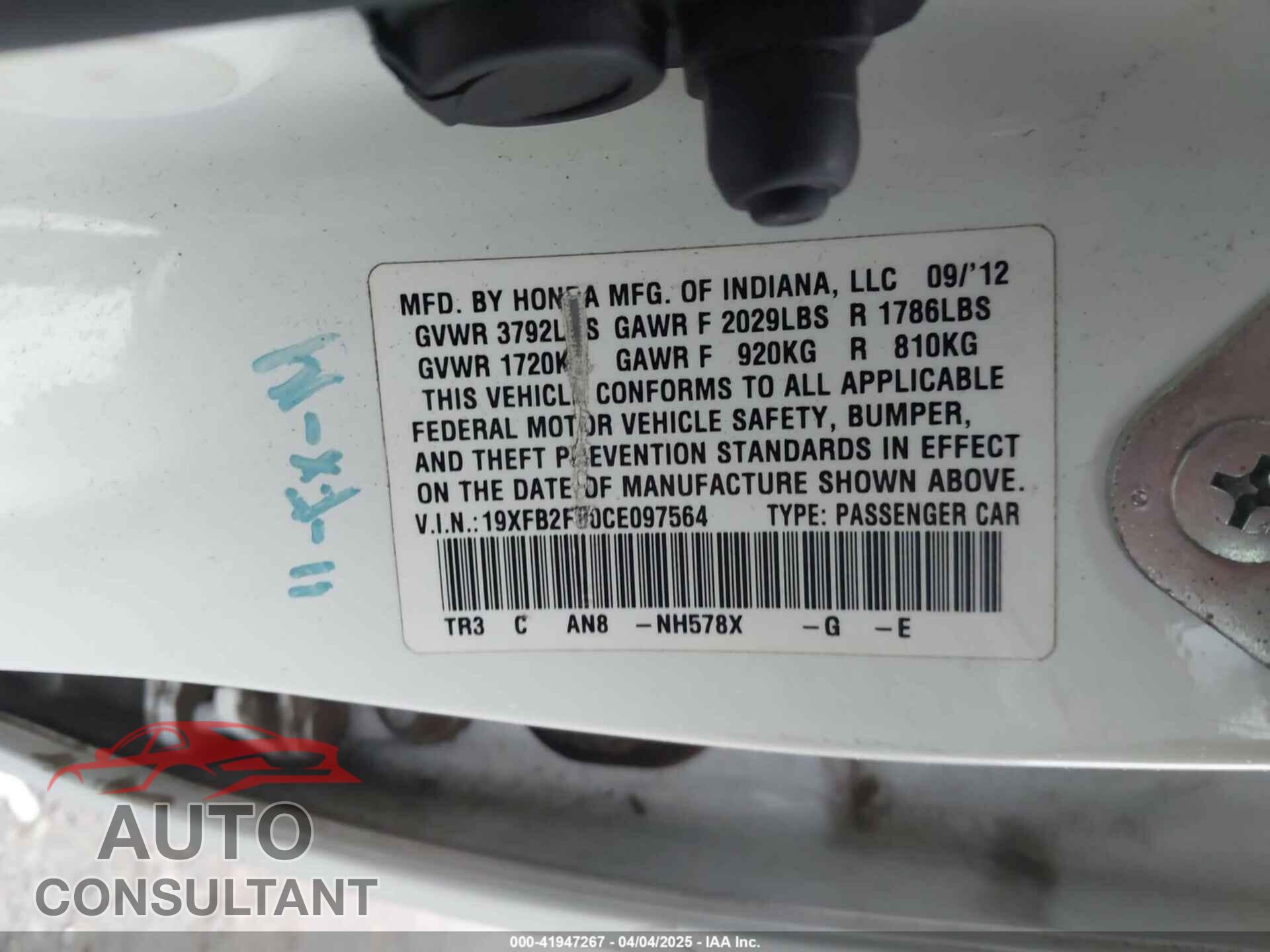 HONDA CIVIC 2012 - 19XFB2F80CE097564