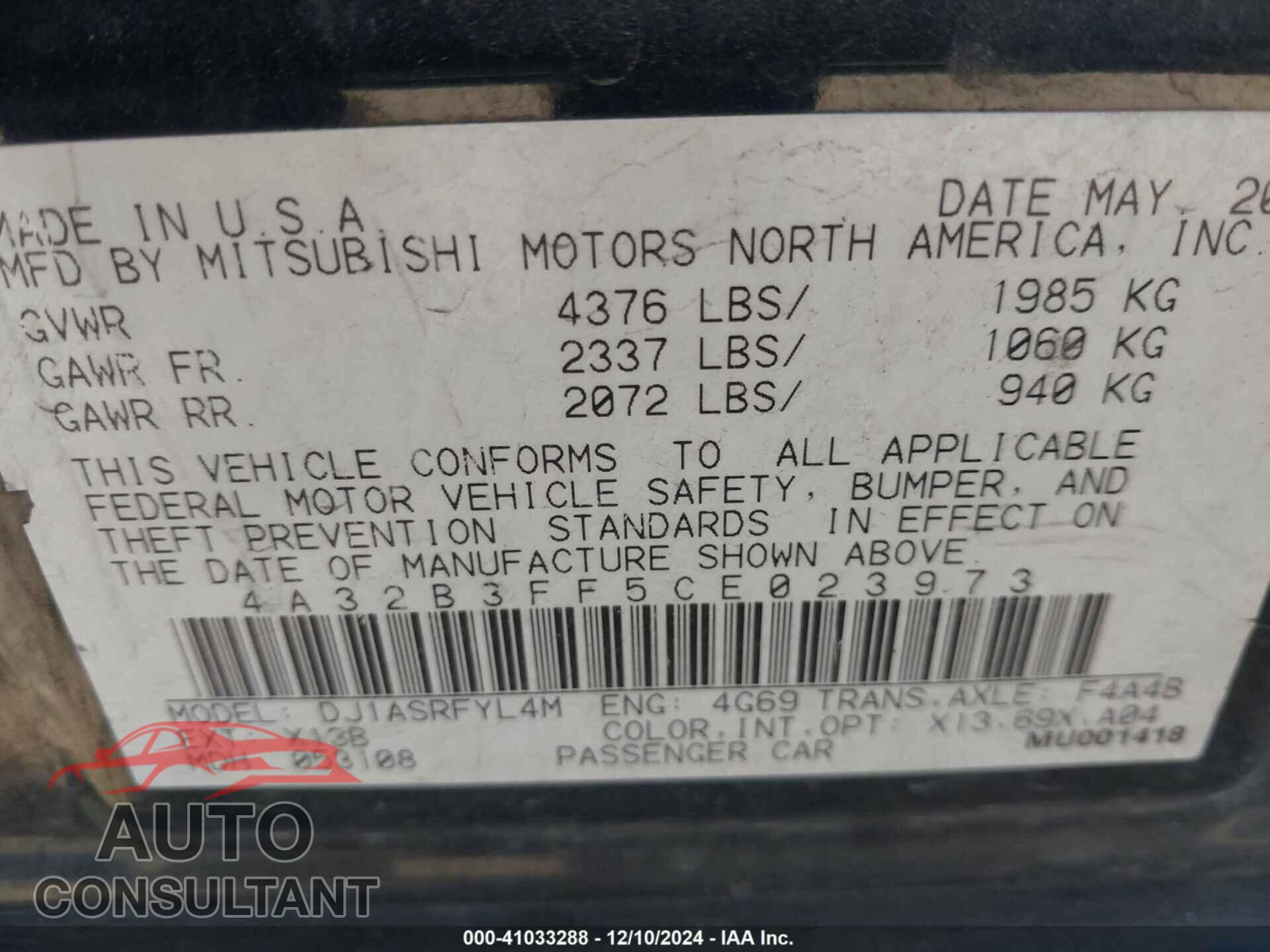 MITSUBISHI GALANT 2012 - 4A32B3FF5CE023973
