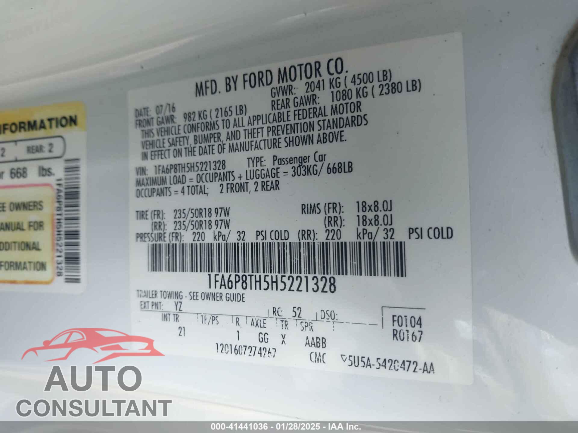 FORD MUSTANG 2017 - 1FA6P8TH5H5221328