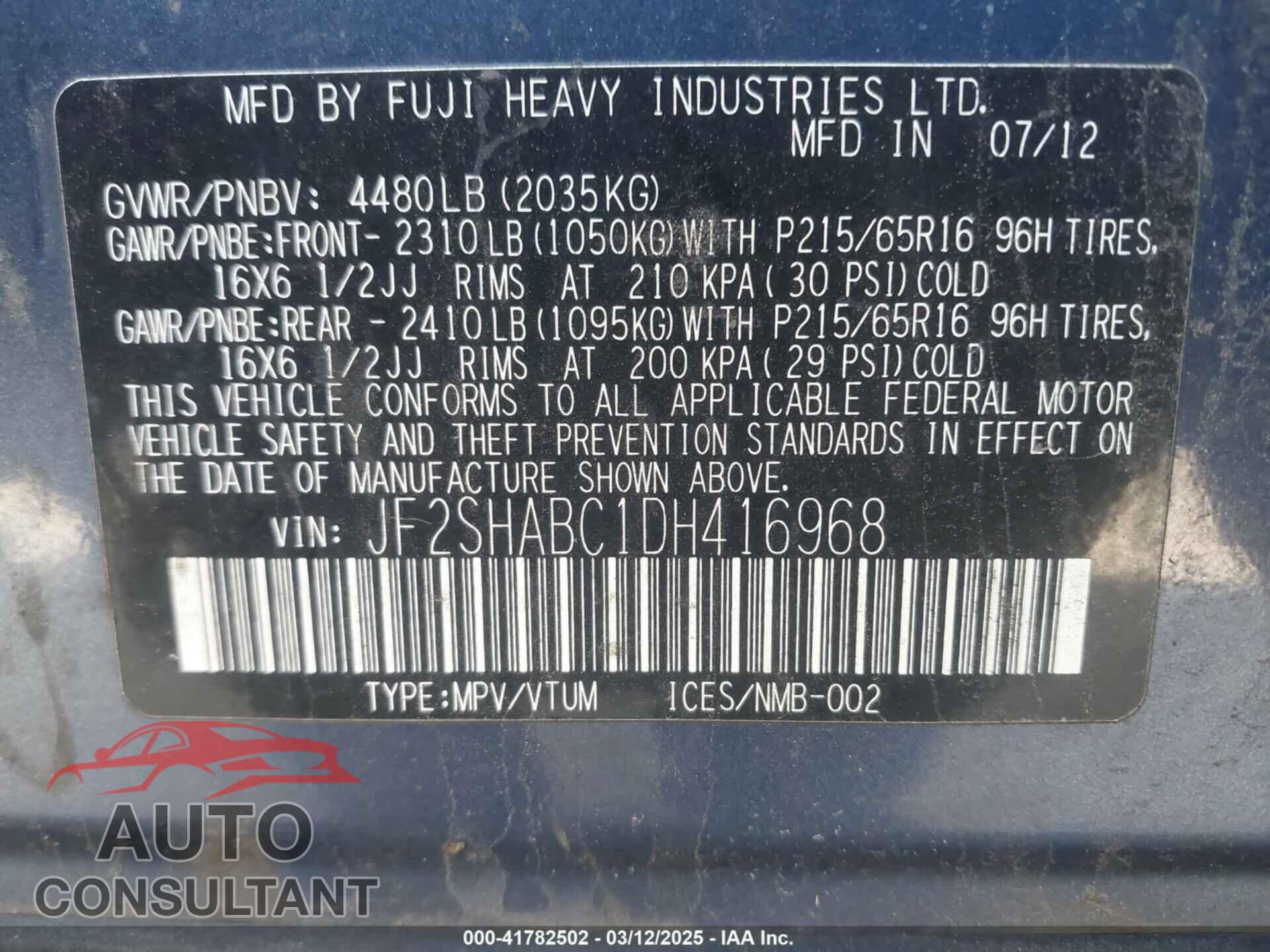 SUBARU FORESTER 2013 - JF2SHABC1DH416968