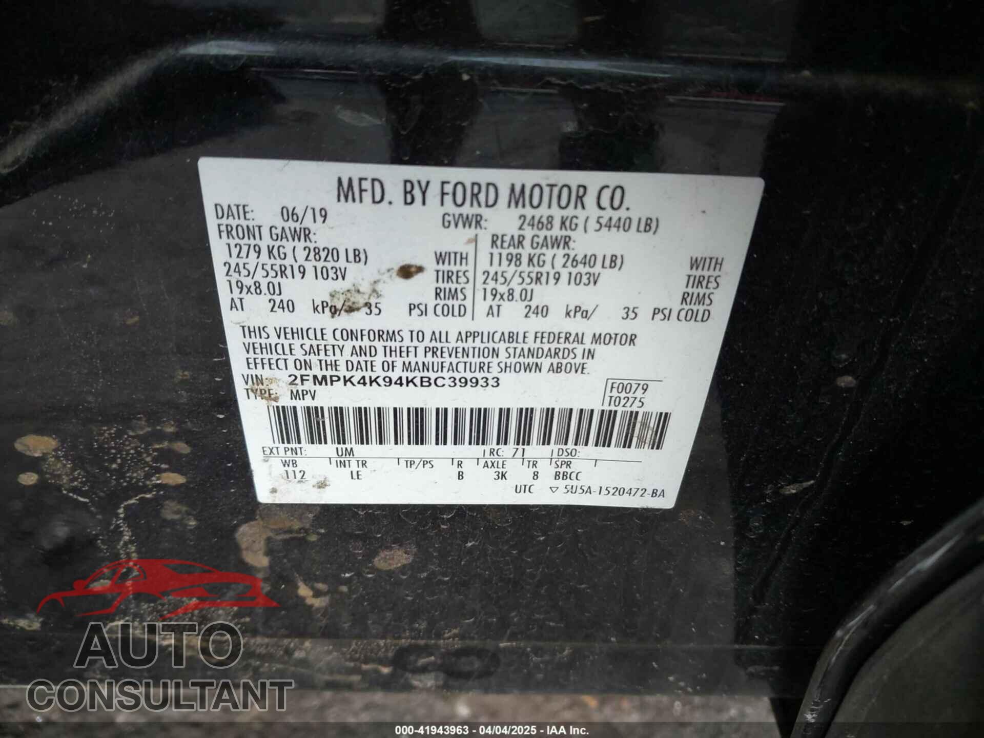 FORD EDGE 2019 - 2FMPK4K94KBC39933