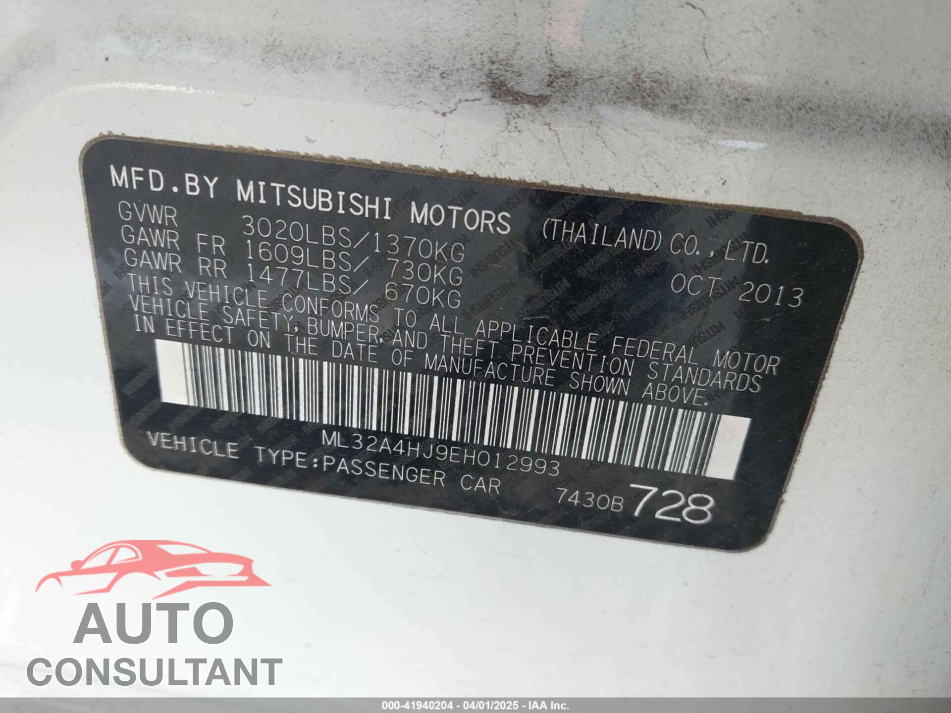 MITSUBISHI MIRAGE 2014 - ML32A4HJ9EH012993