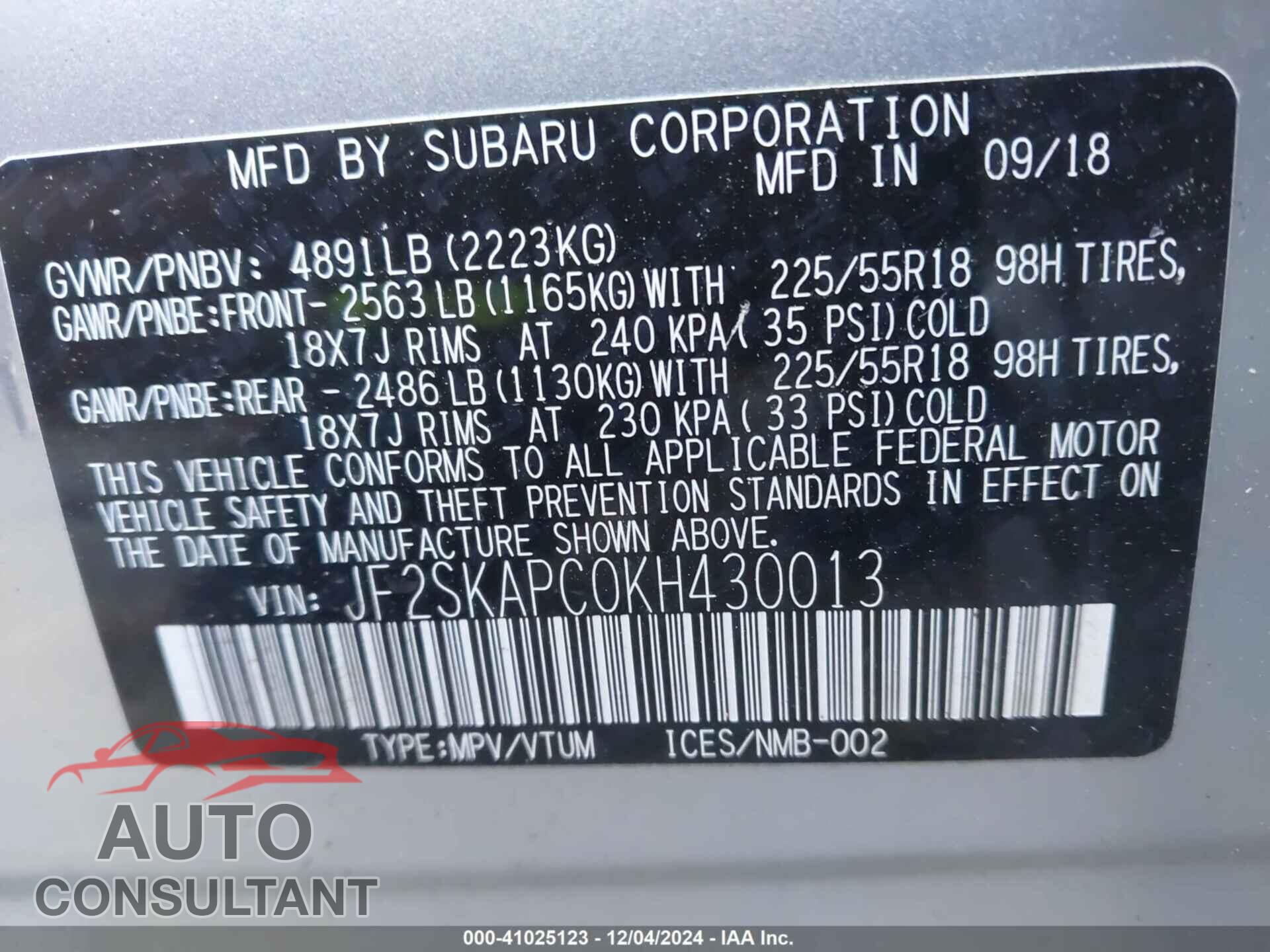 SUBARU FORESTER 2019 - JF2SKAPC0KH430013