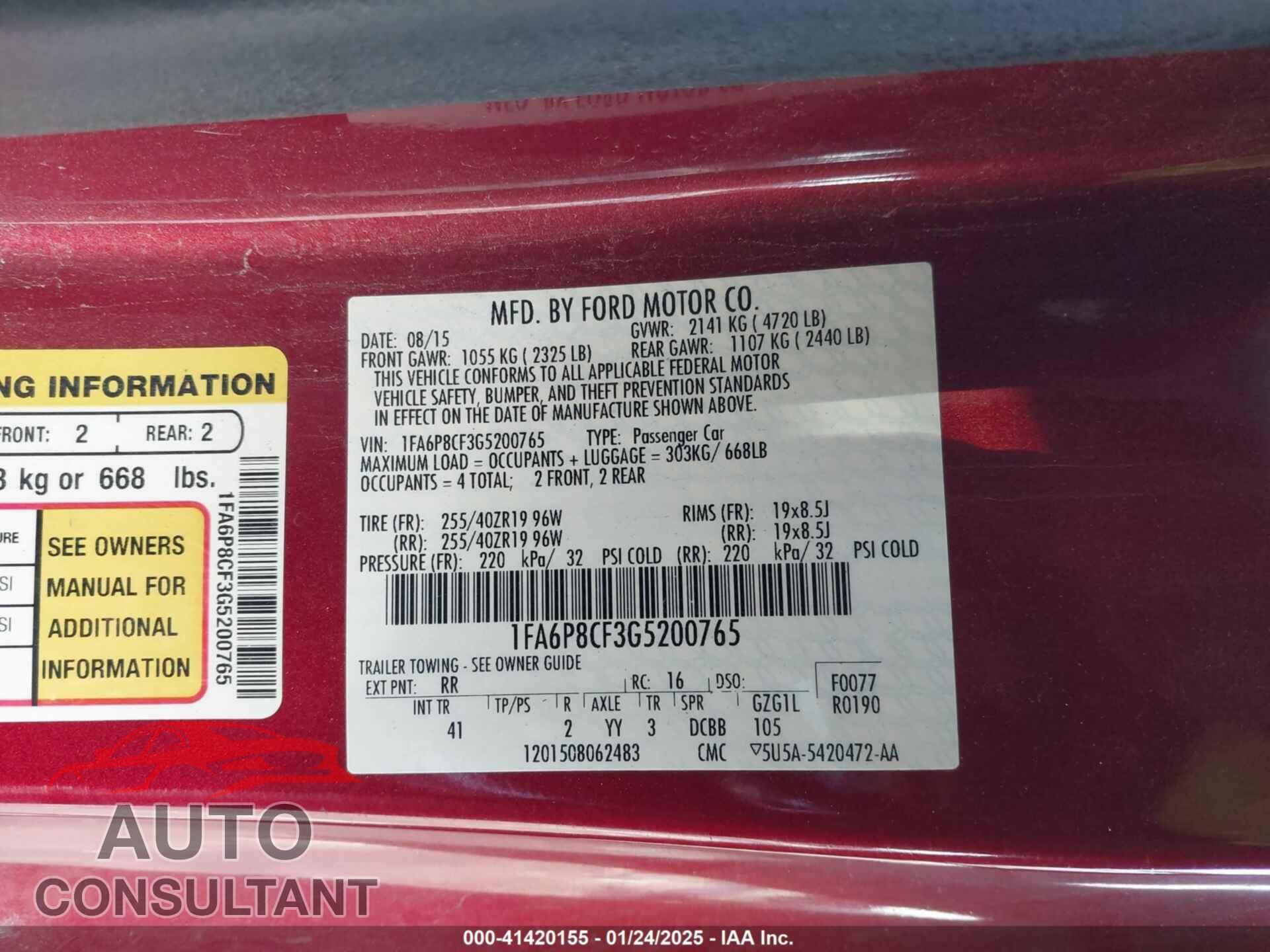 FORD MUSTANG 2016 - 1FA6P8CF3G5200765