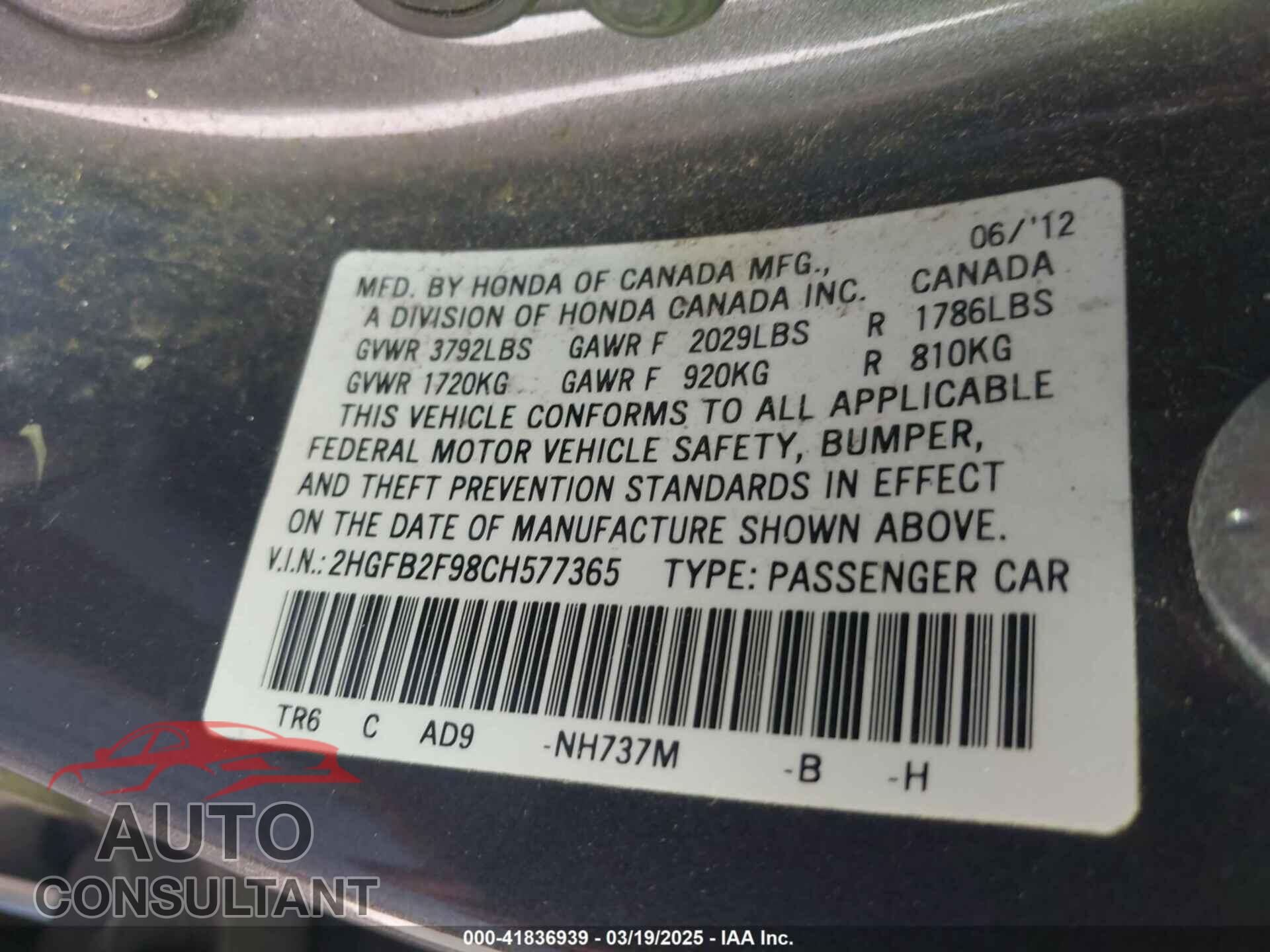 HONDA CIVIC 2012 - 2HGFB2F98CH577365