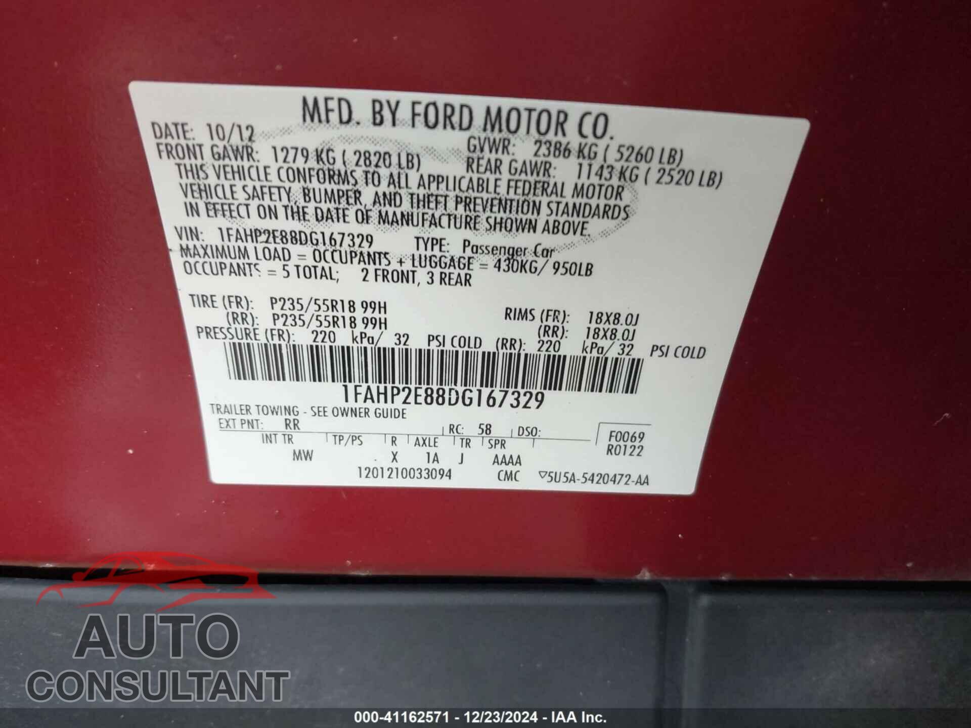 FORD TAURUS 2013 - 1FAHP2E88DG167329