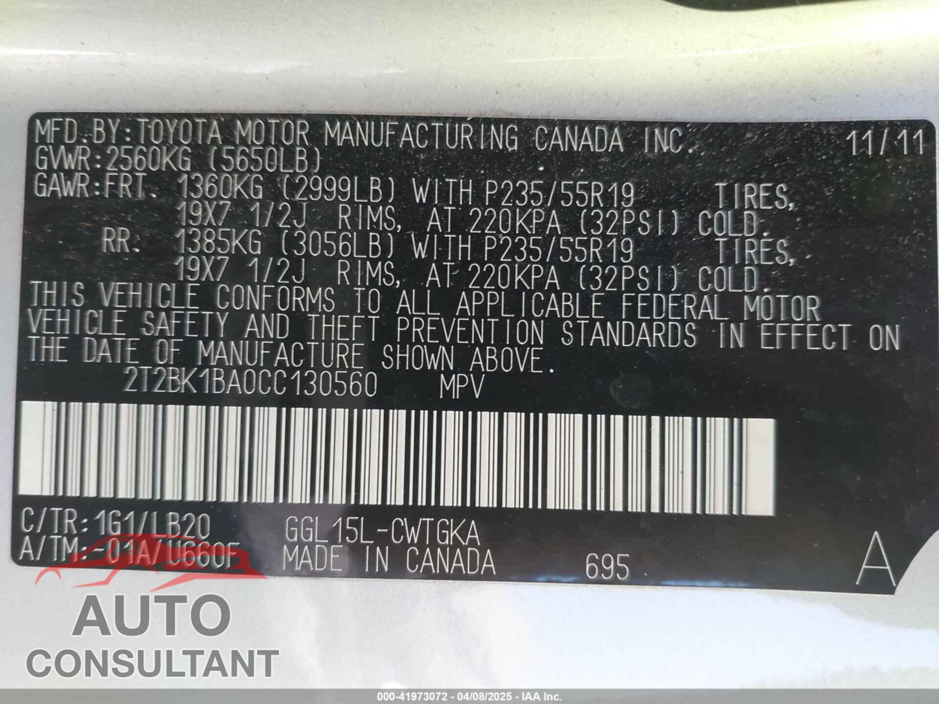 LEXUS RX 350 2012 - 2T2BK1BA0CC130560