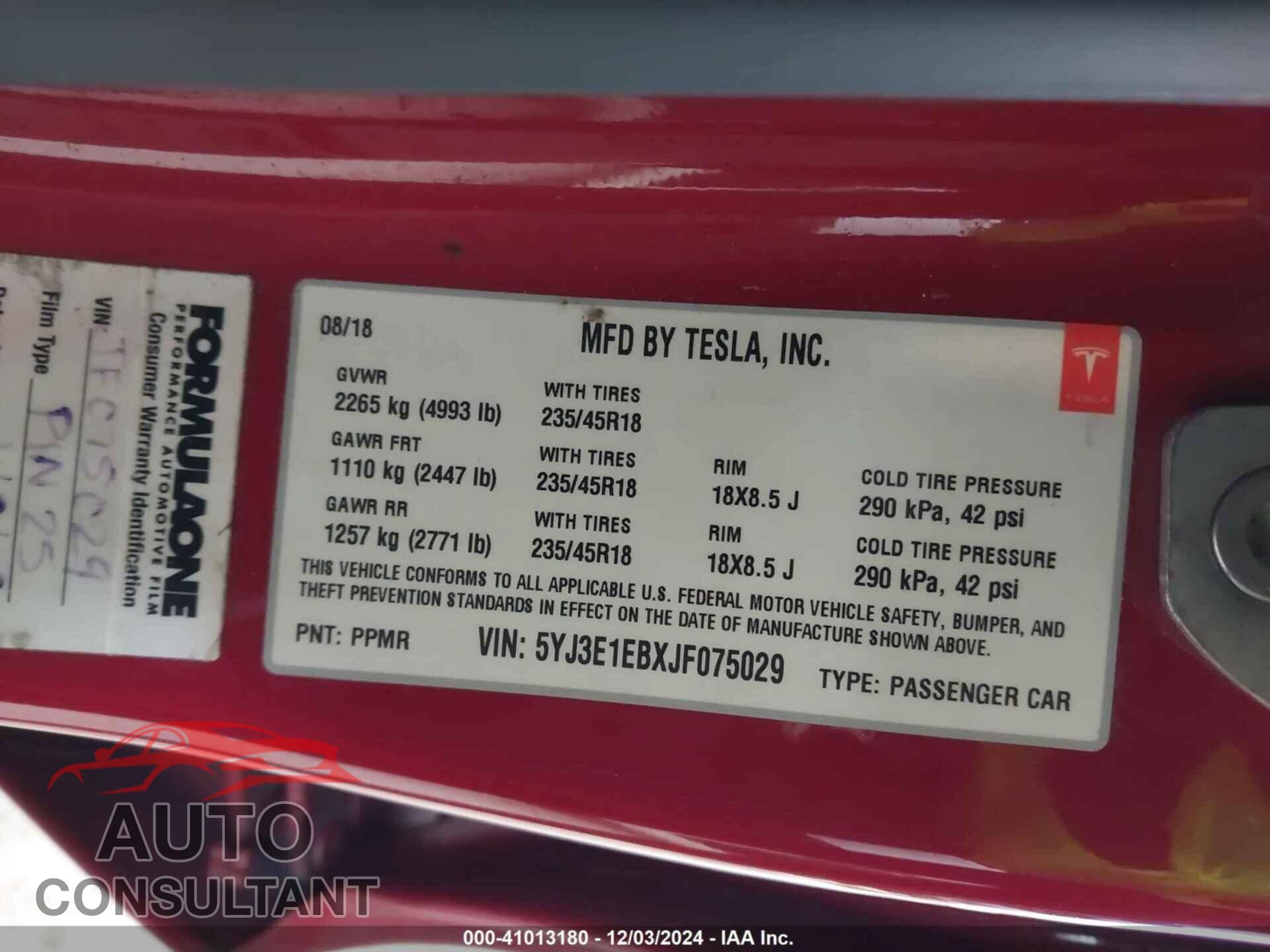 TESLA MODEL 3 2018 - 5YJ3E1EBXJF075029