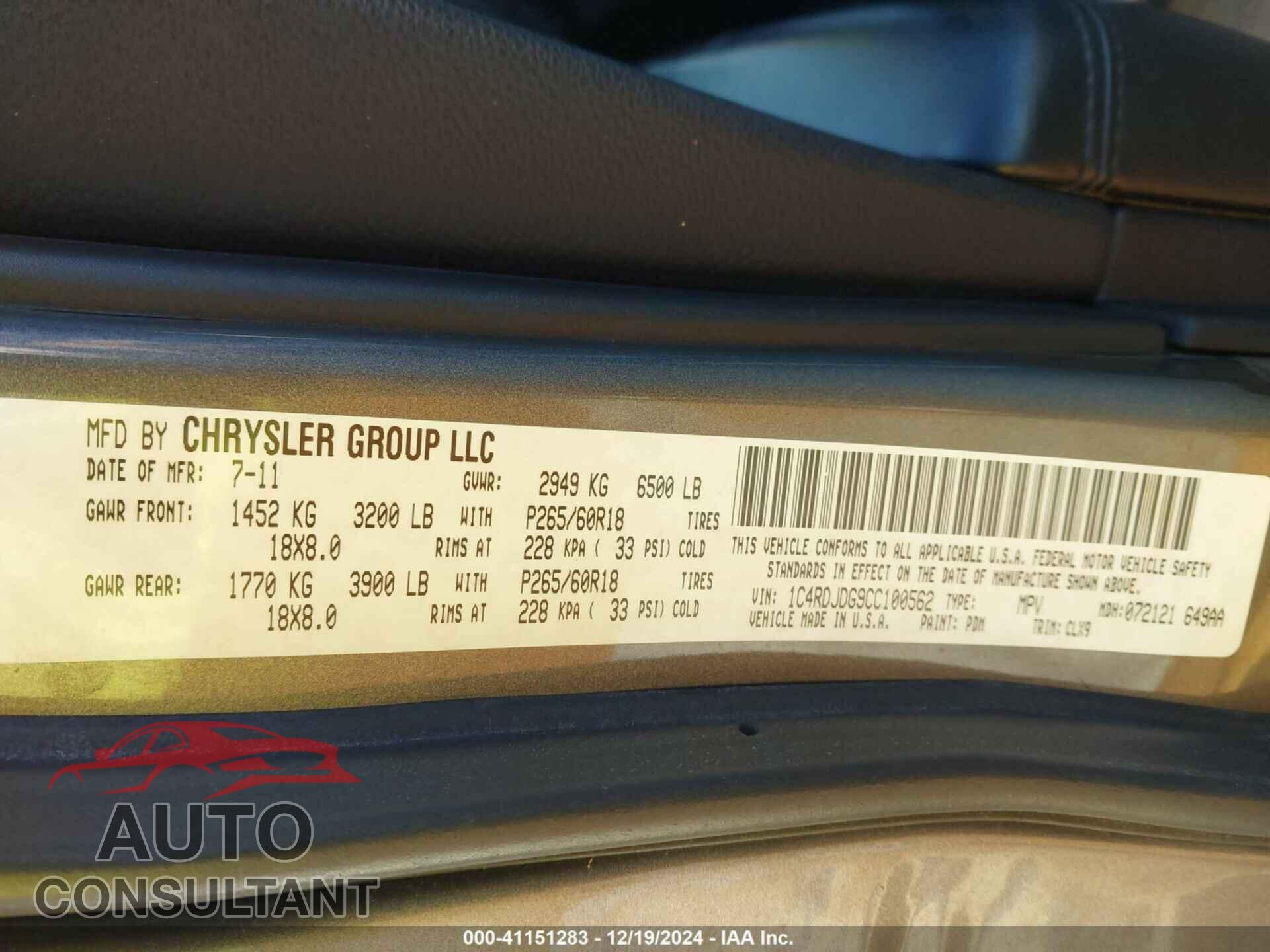 DODGE DURANGO 2012 - 1C4RDJDG9CC100562