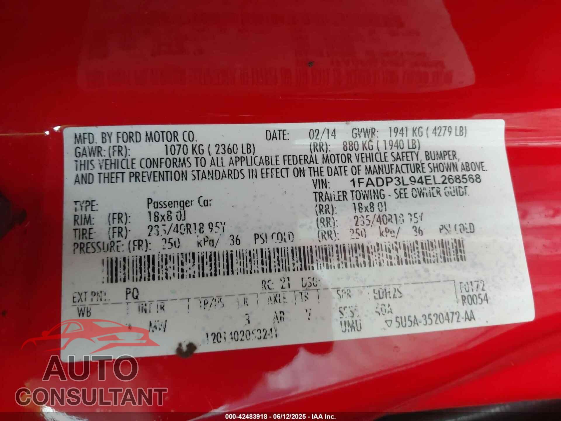 FORD FOCUS ST 2014 - 1FADP3L94EL268568