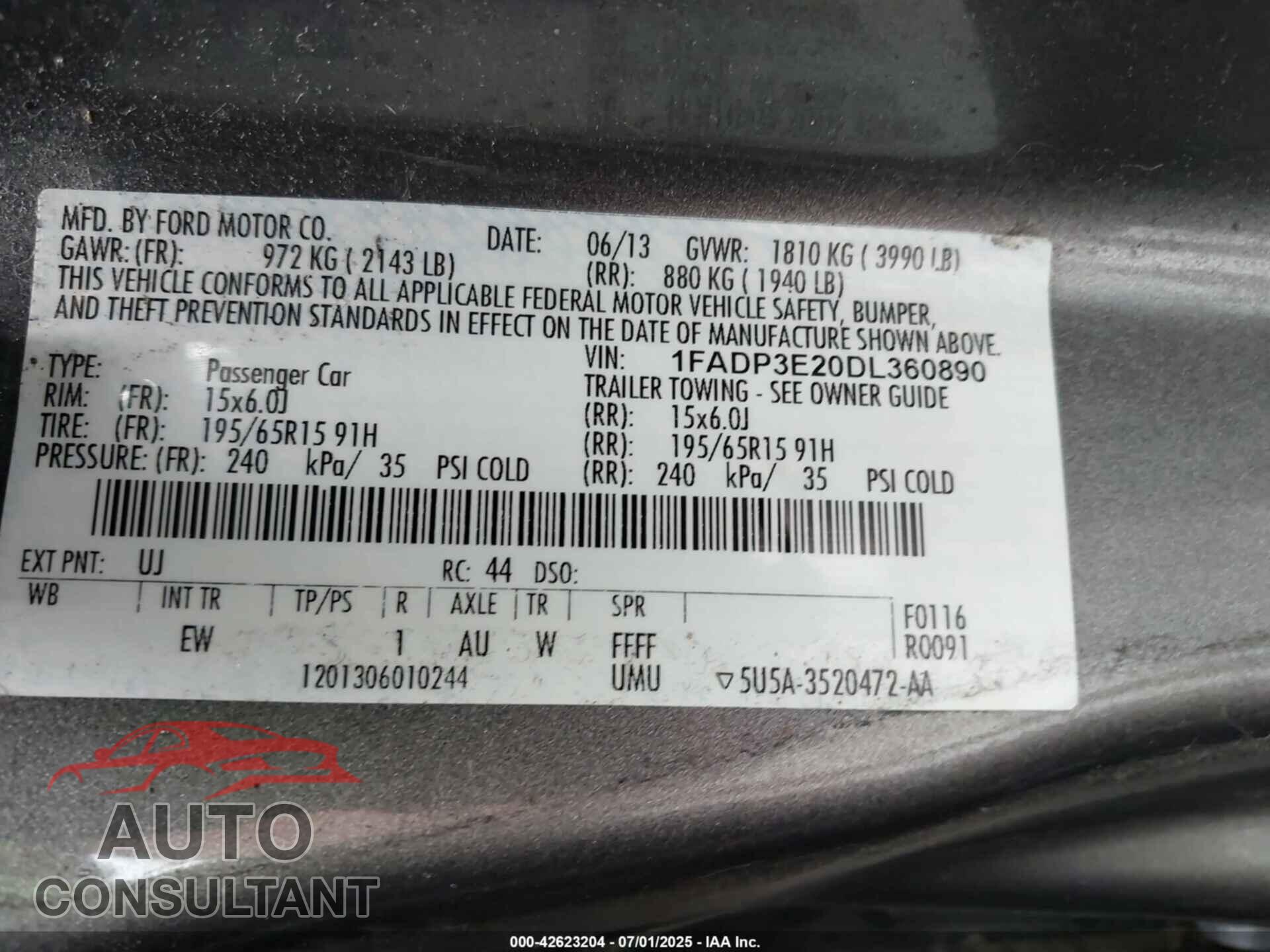 FORD FOCUS 2013 - 1FADP3E20DL360890
