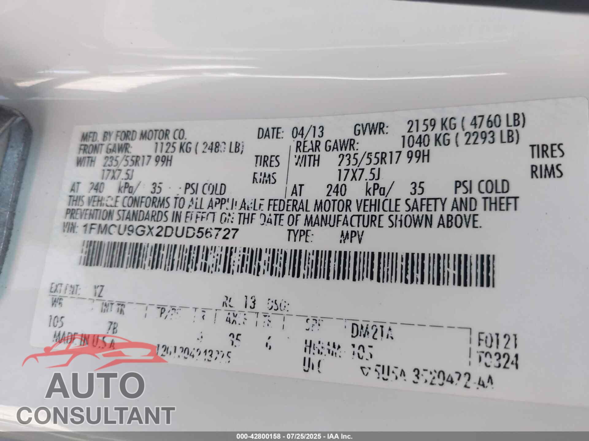 FORD ESCAPE 2013 - 1FMCU9GX2DUD56727