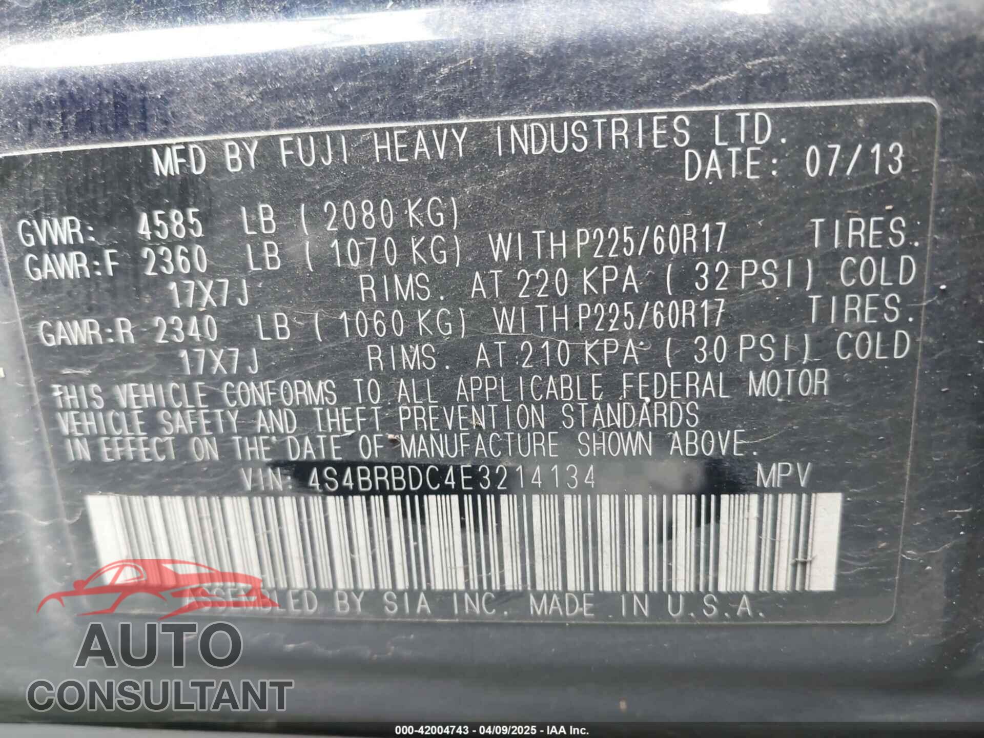 SUBARU OUTBACK 2014 - 4S4BRBDC4E3214134