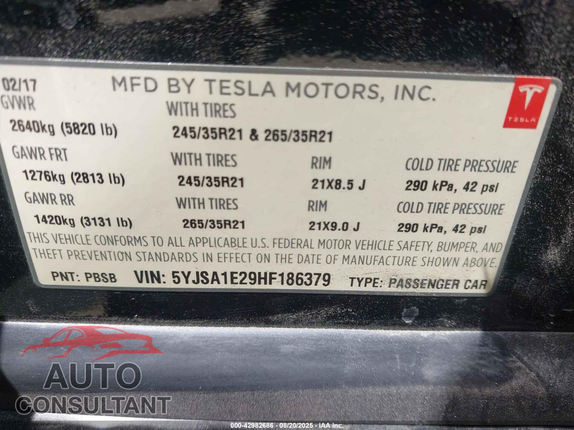 TESLA MODEL S 2017 - 5YJSA1E29HF186379