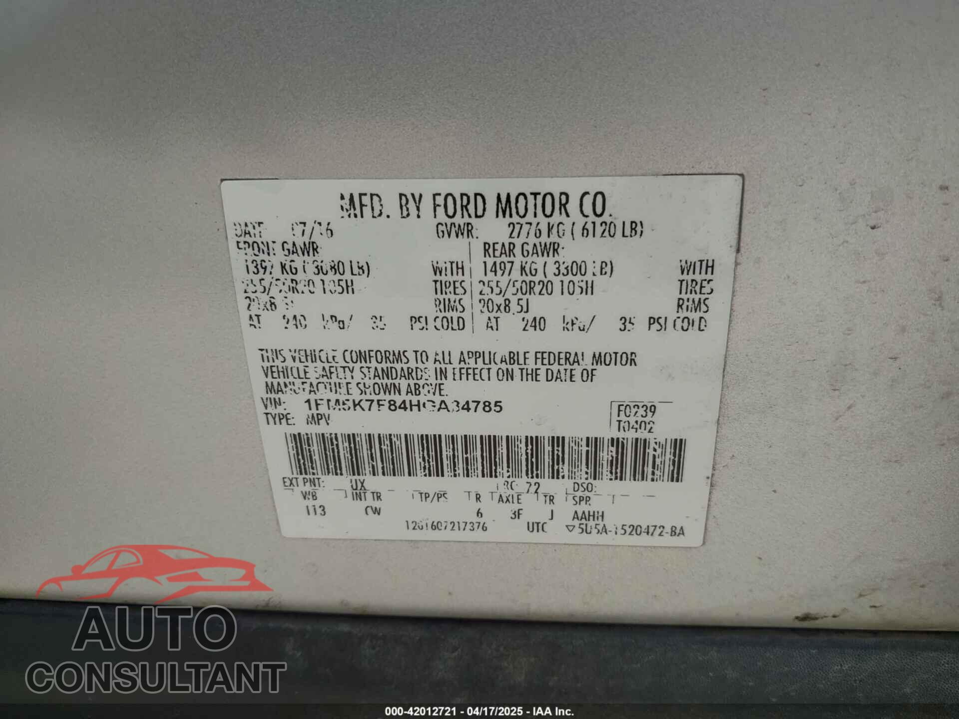 FORD EXPLORER 2017 - 1FM5K7F84HGA34785