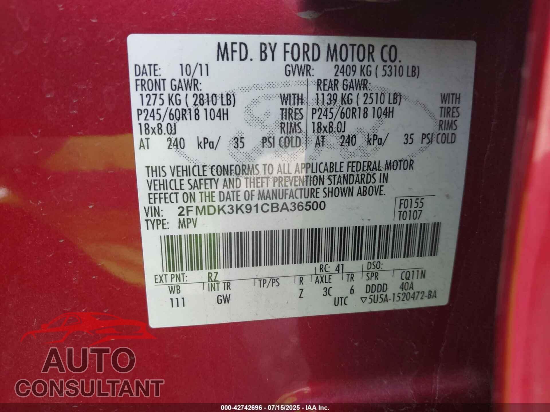 FORD EDGE 2012 - 2FMDK3K91CBA36500