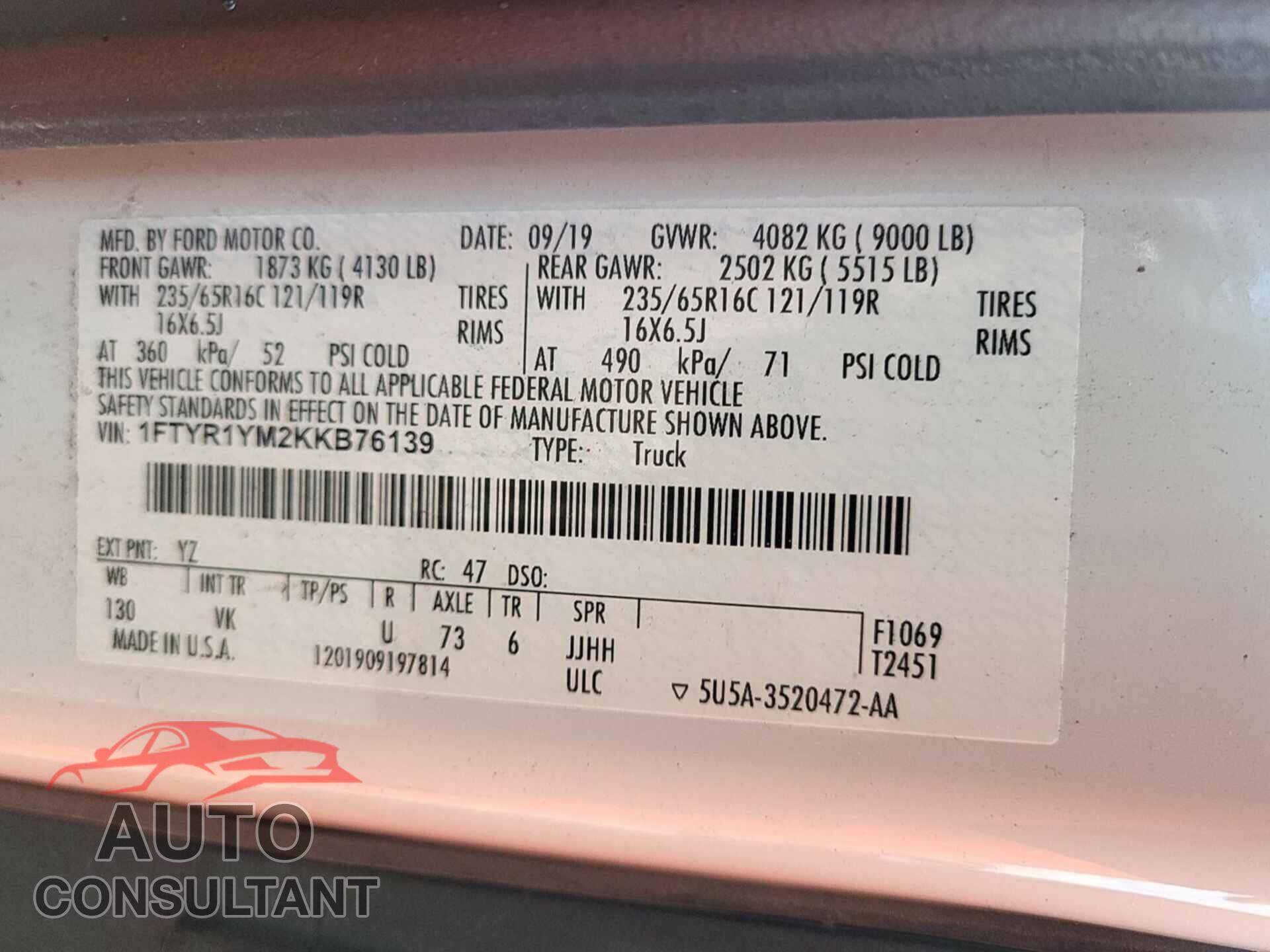 FORD TRANSIT 2019 - 1FTYR1YM2KKB76139