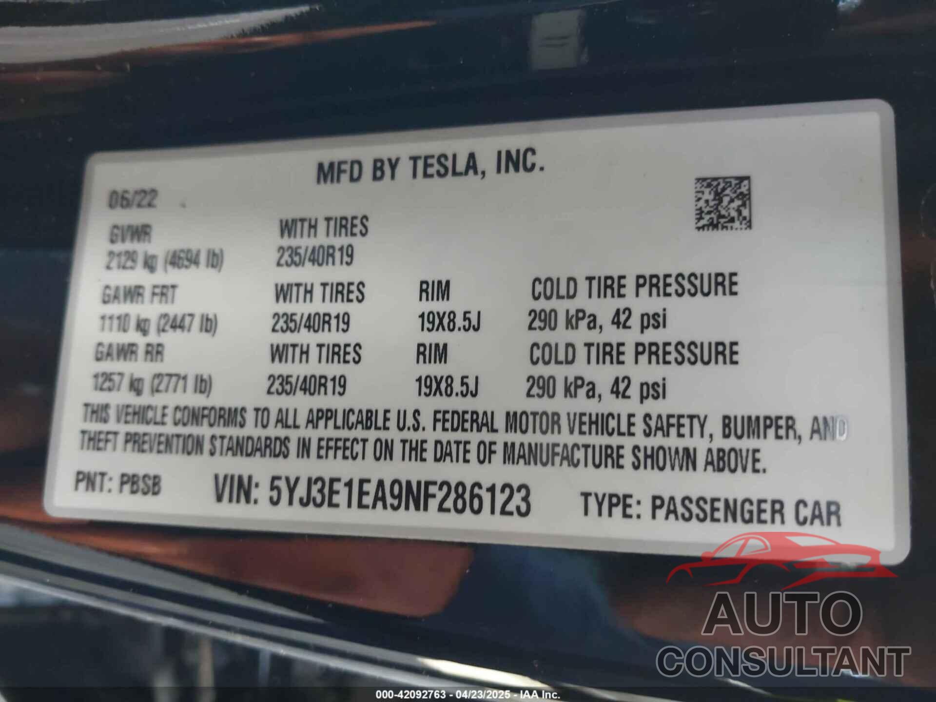 TESLA MODEL 3 2022 - 5YJ3E1EA9NF286123