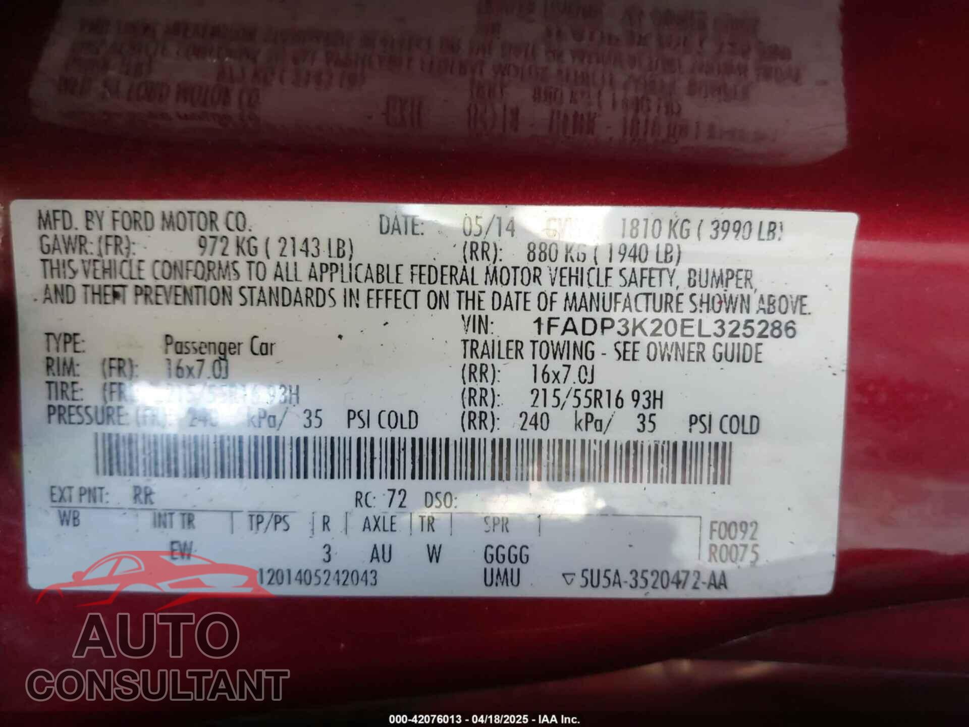 FORD FOCUS 2014 - 1FADP3K20EL325286