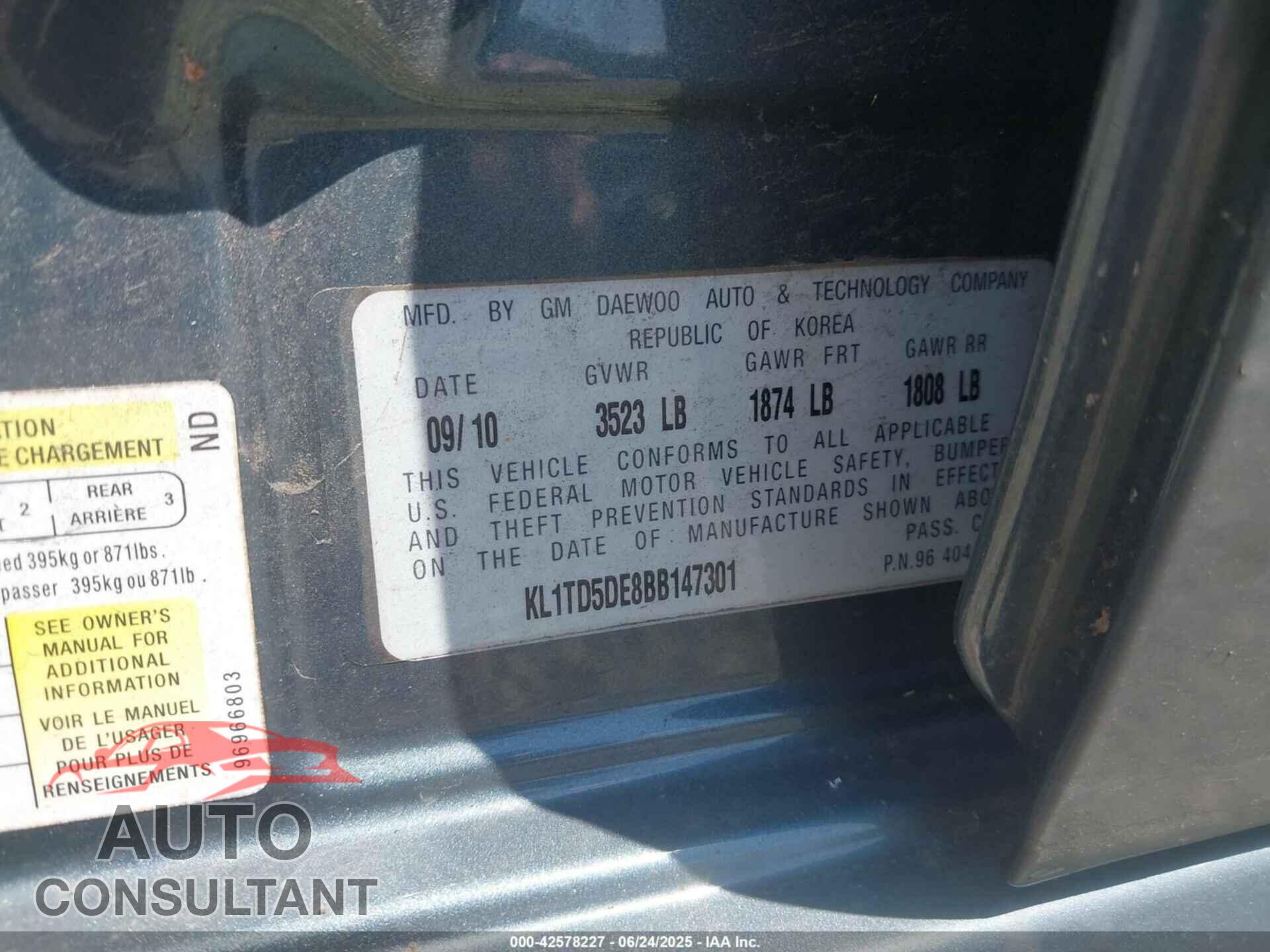 CHEVROLET AVEO 2011 - KL1TD5DE8BB147301