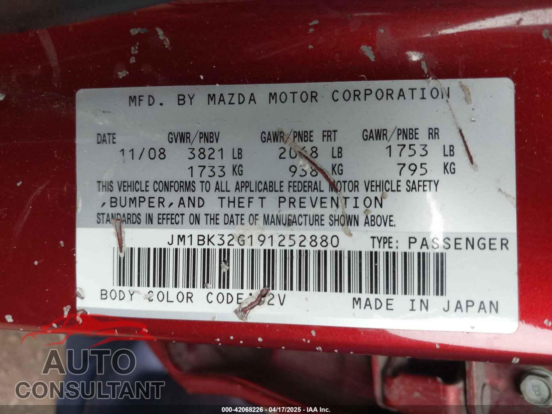 MAZDA MAZDA3 2009 - JM1BK32G191252880