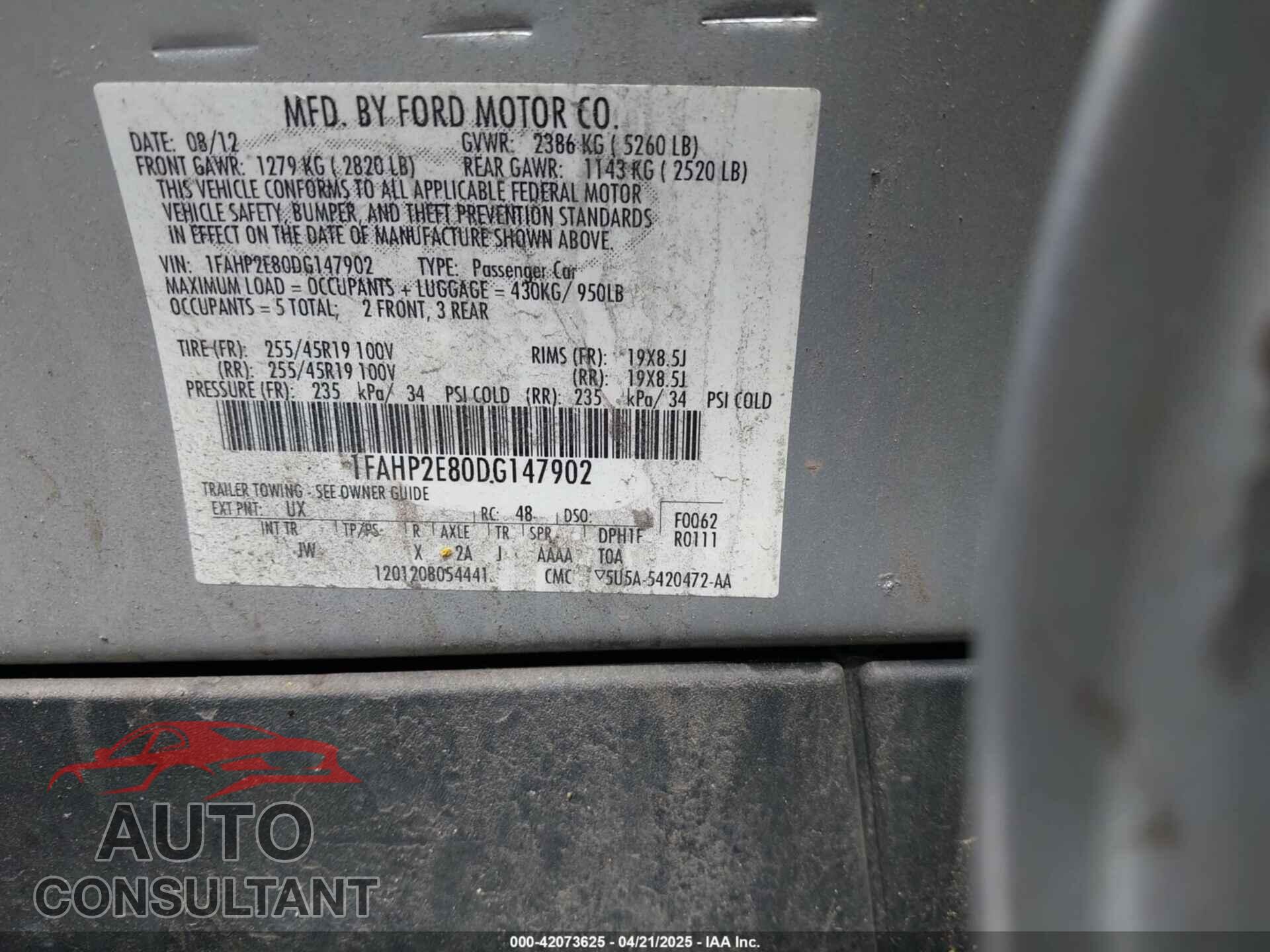 FORD TAURUS 2013 - 1FAHP2E80DG147902