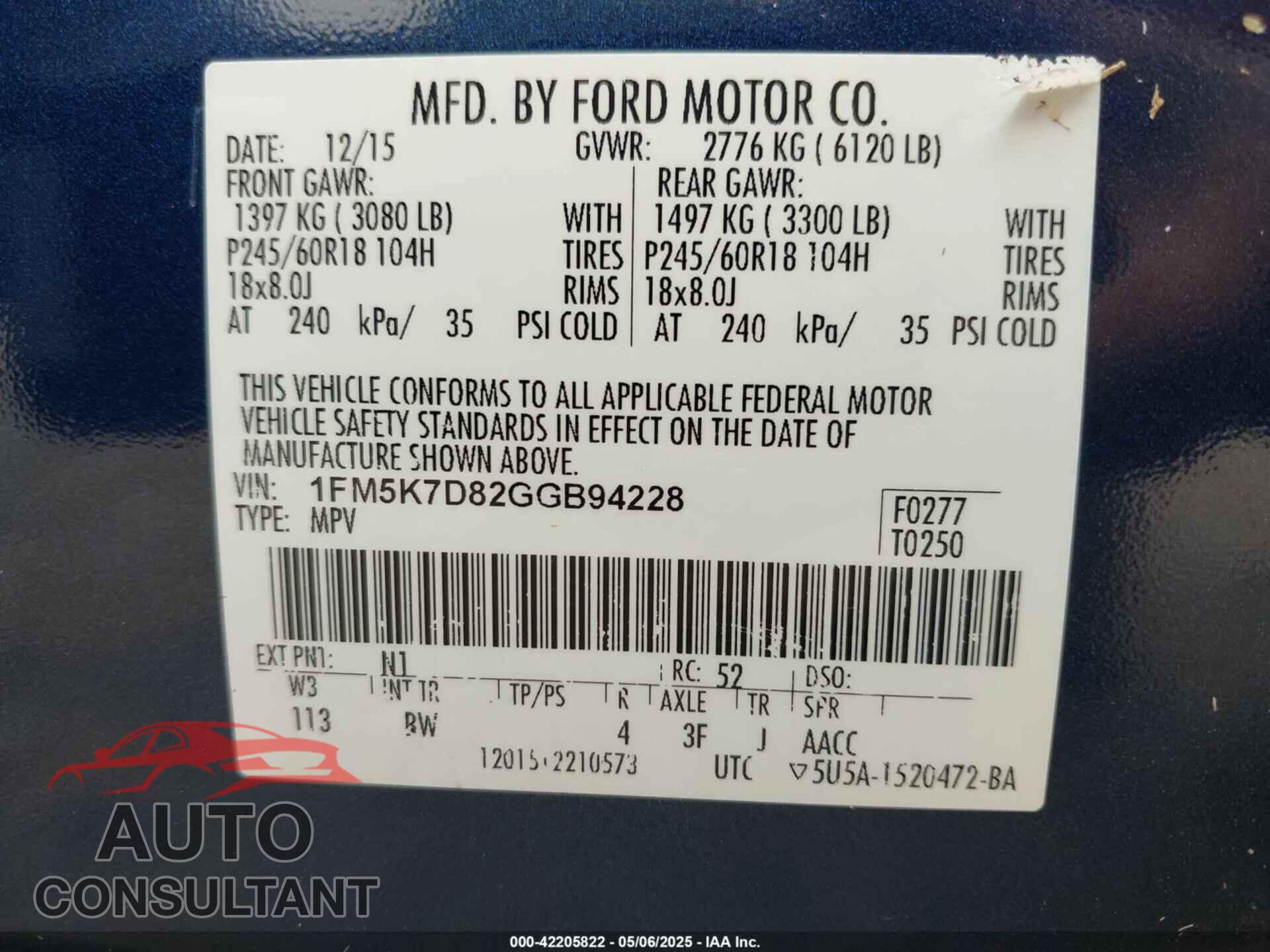 FORD EXPLORER 2016 - 1FM5K7D82GGB94228