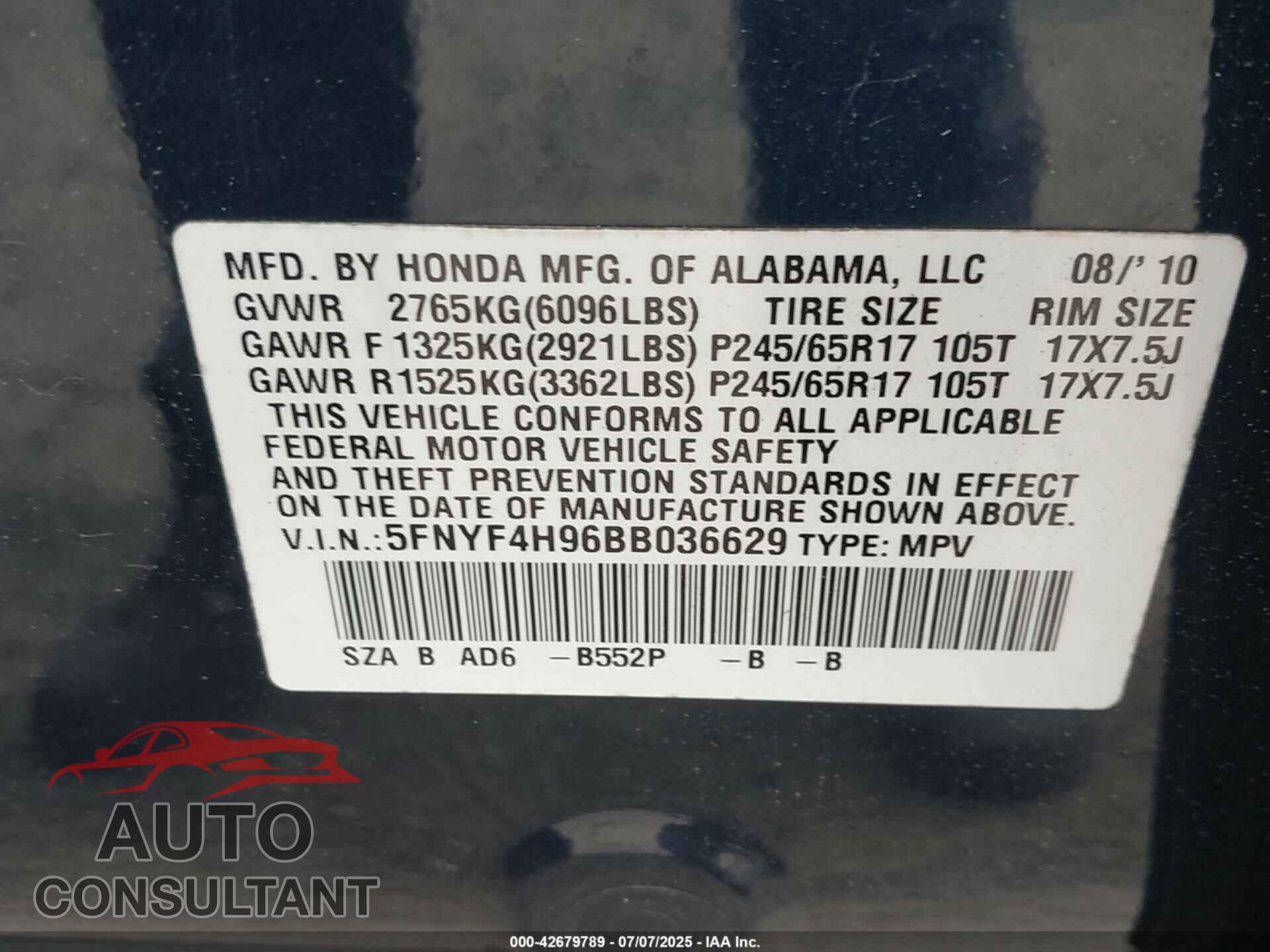 HONDA PILOT 2011 - 5FNYF4H96BB036629