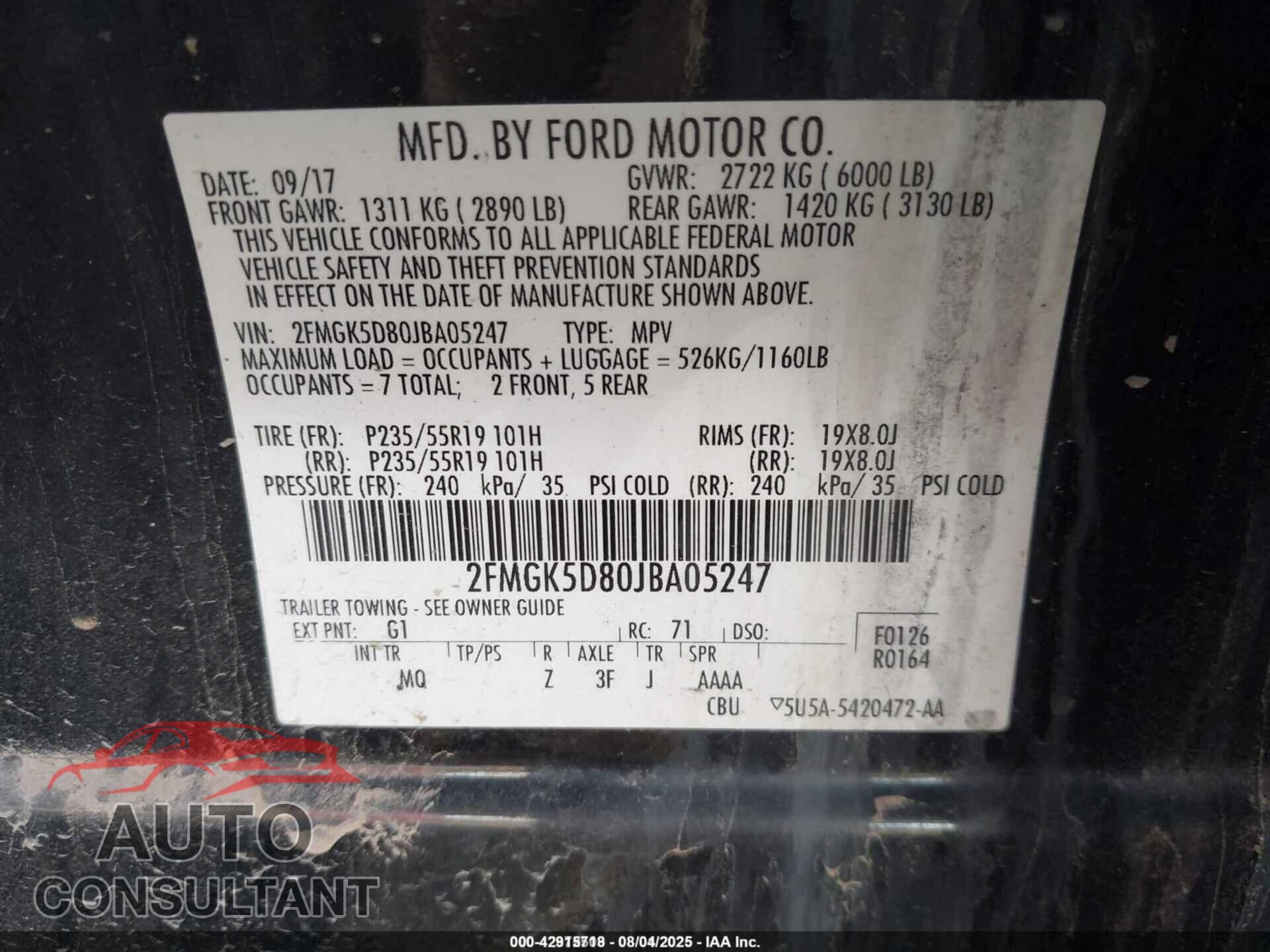 FORD FLEX 2018 - 2FMGK5D80JBA05247