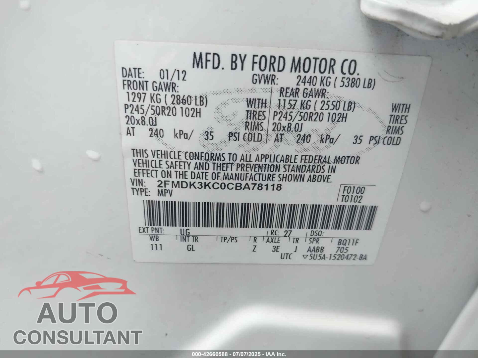 FORD EDGE 2012 - 2FMDK3KC0CBA78118